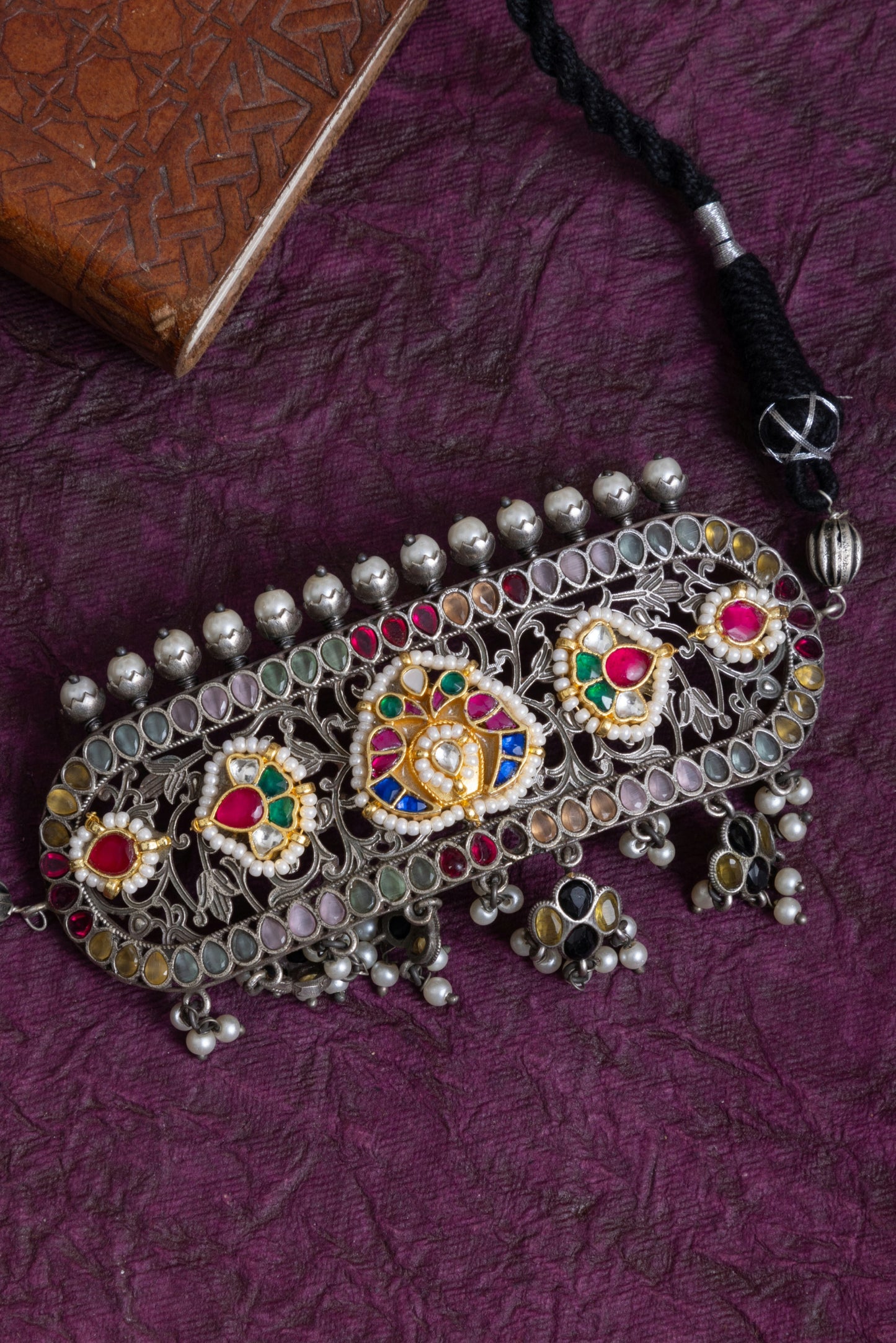 Resham antique silver fusion pachi kundan choker