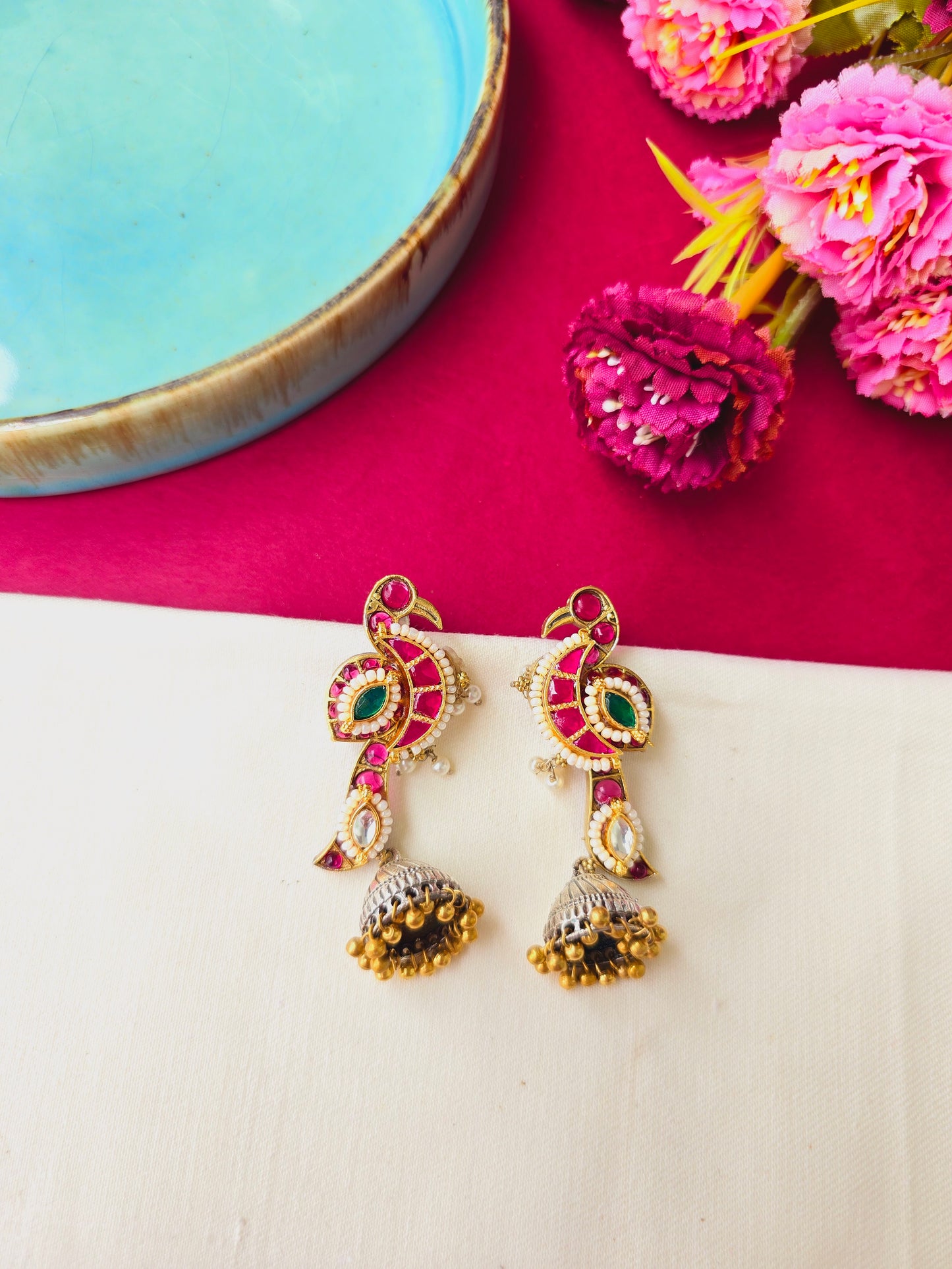 Pachi kundan Peacock jhumka