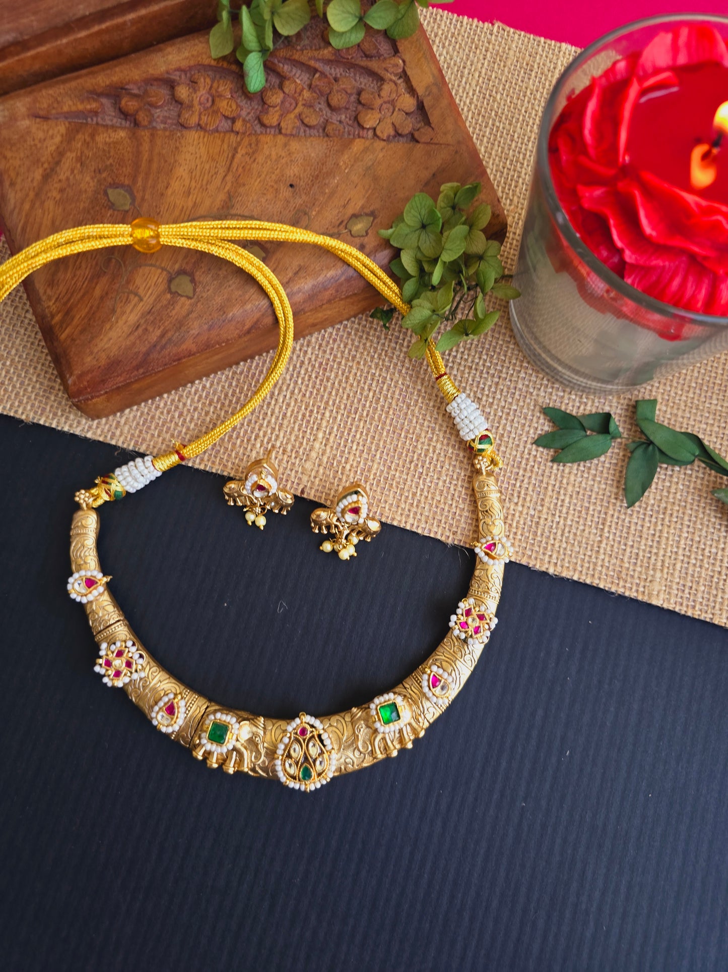 Neer Pachi kundan gold elephant hasli