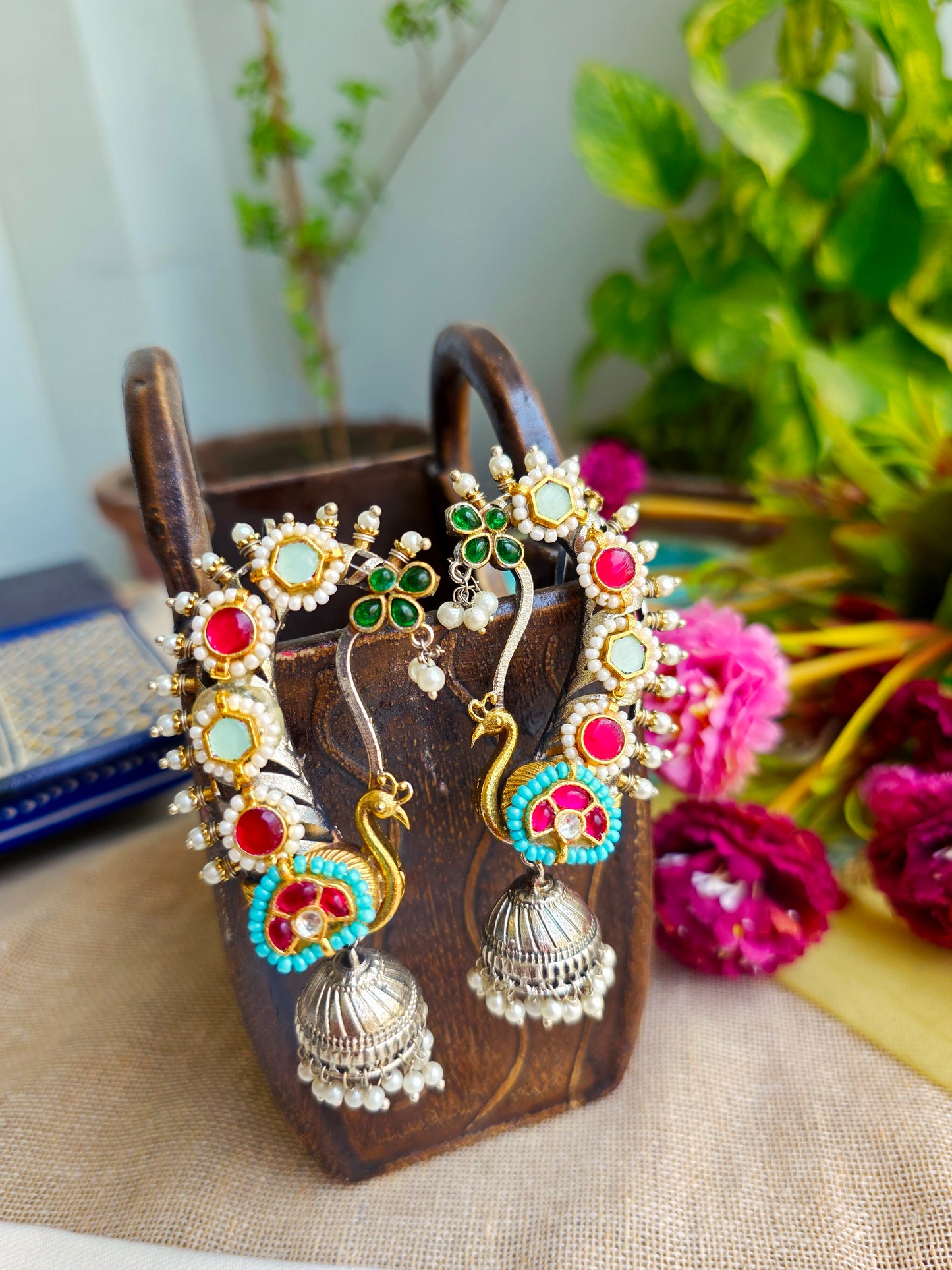 Apsara Peacock kundan earcuffs