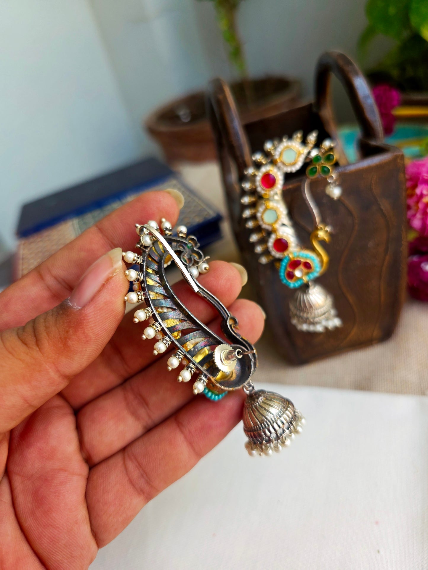 Apsara Peacock kundan earcuffs