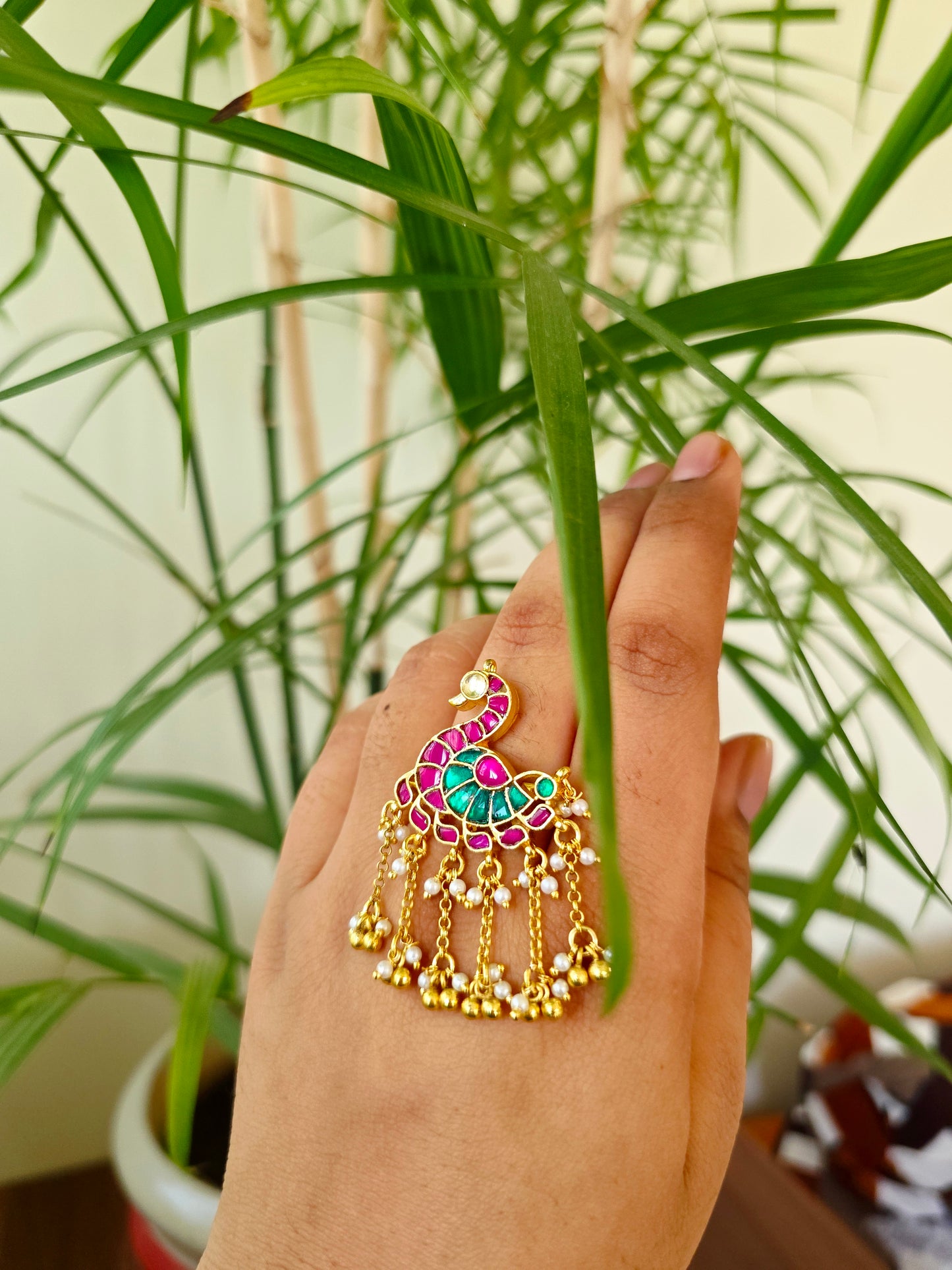 Kundan jadau peacock ring
