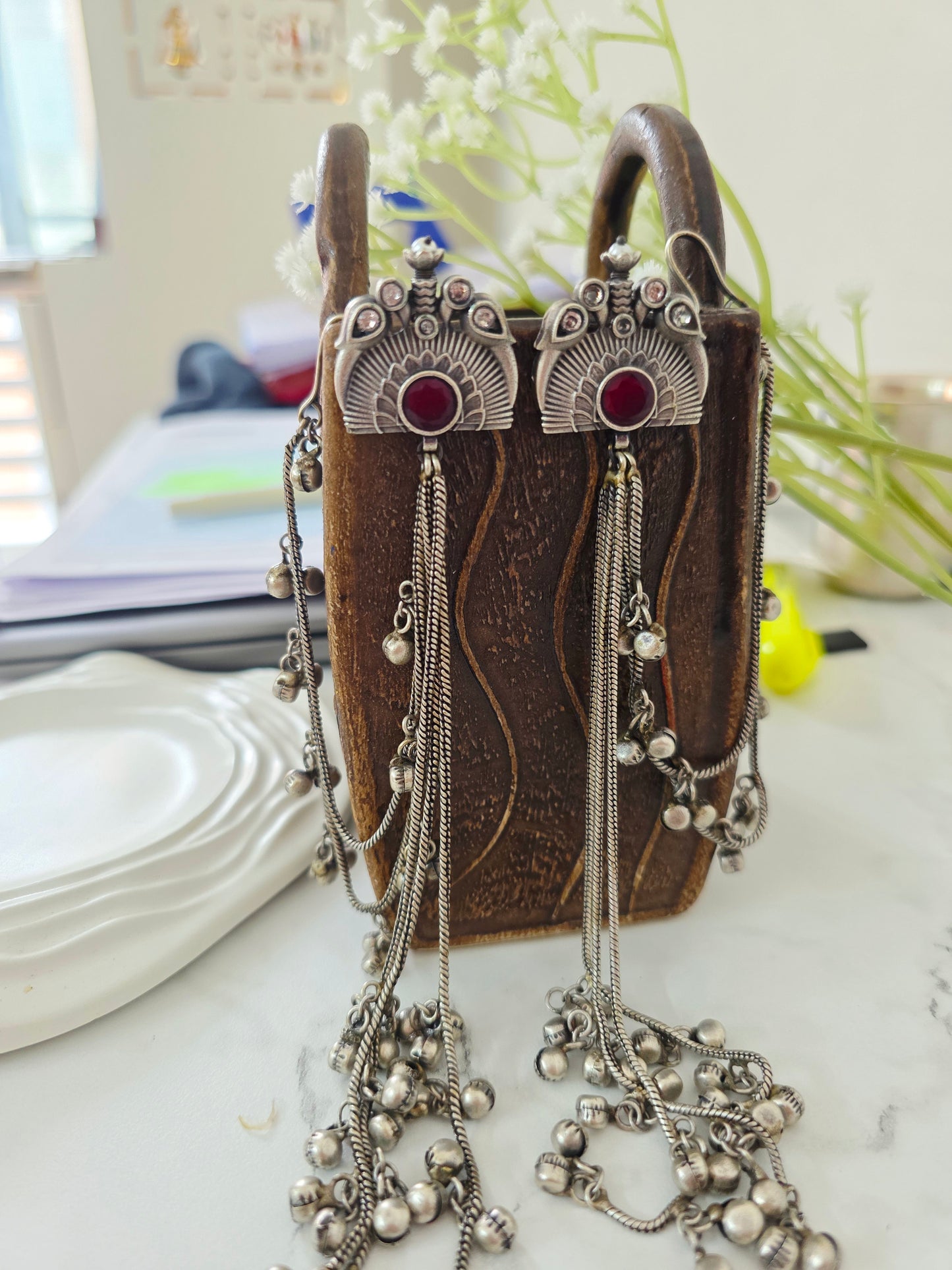 Silver kashmiri earrings with earchain