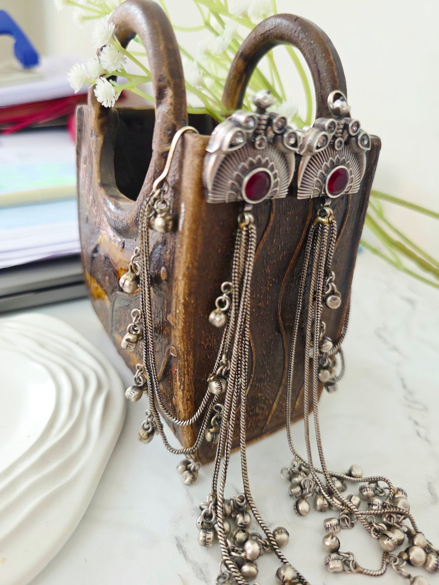 Silver kashmiri earrings with earchain