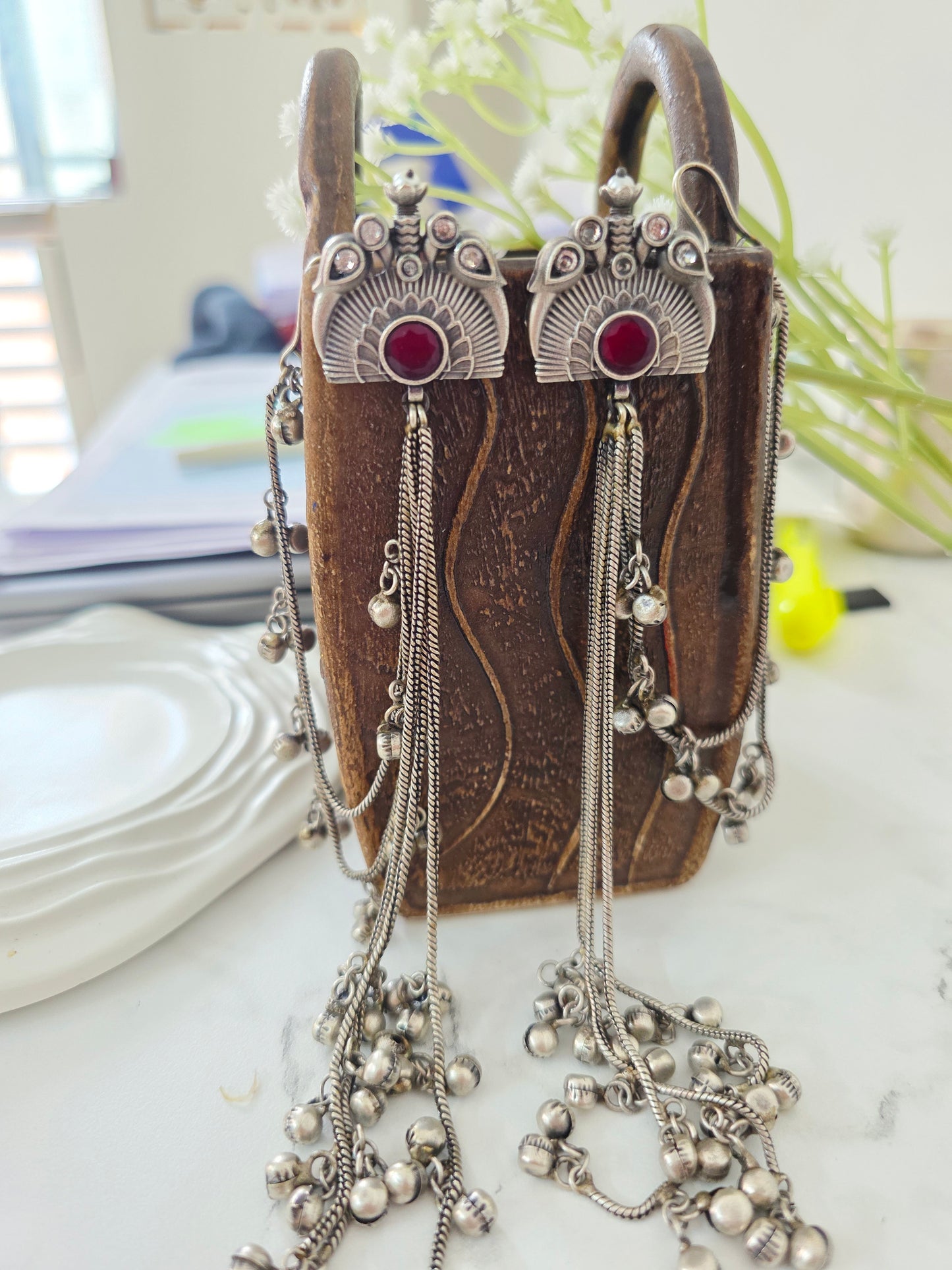 Silver kashmiri earrings with earchain