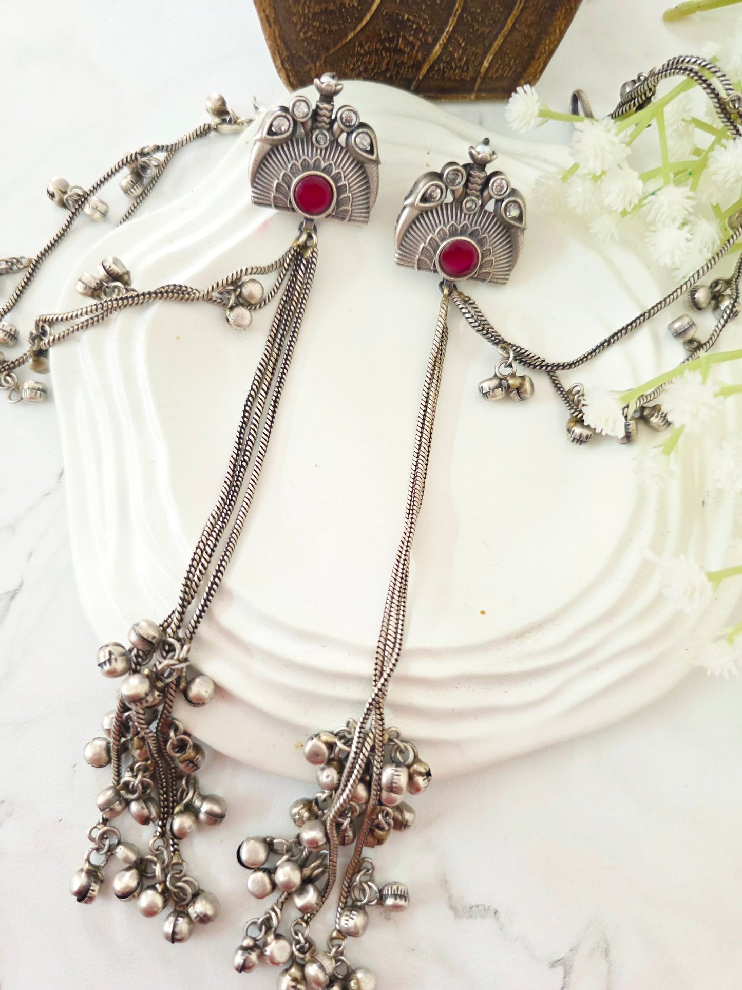 Silver kashmiri earrings with earchain
