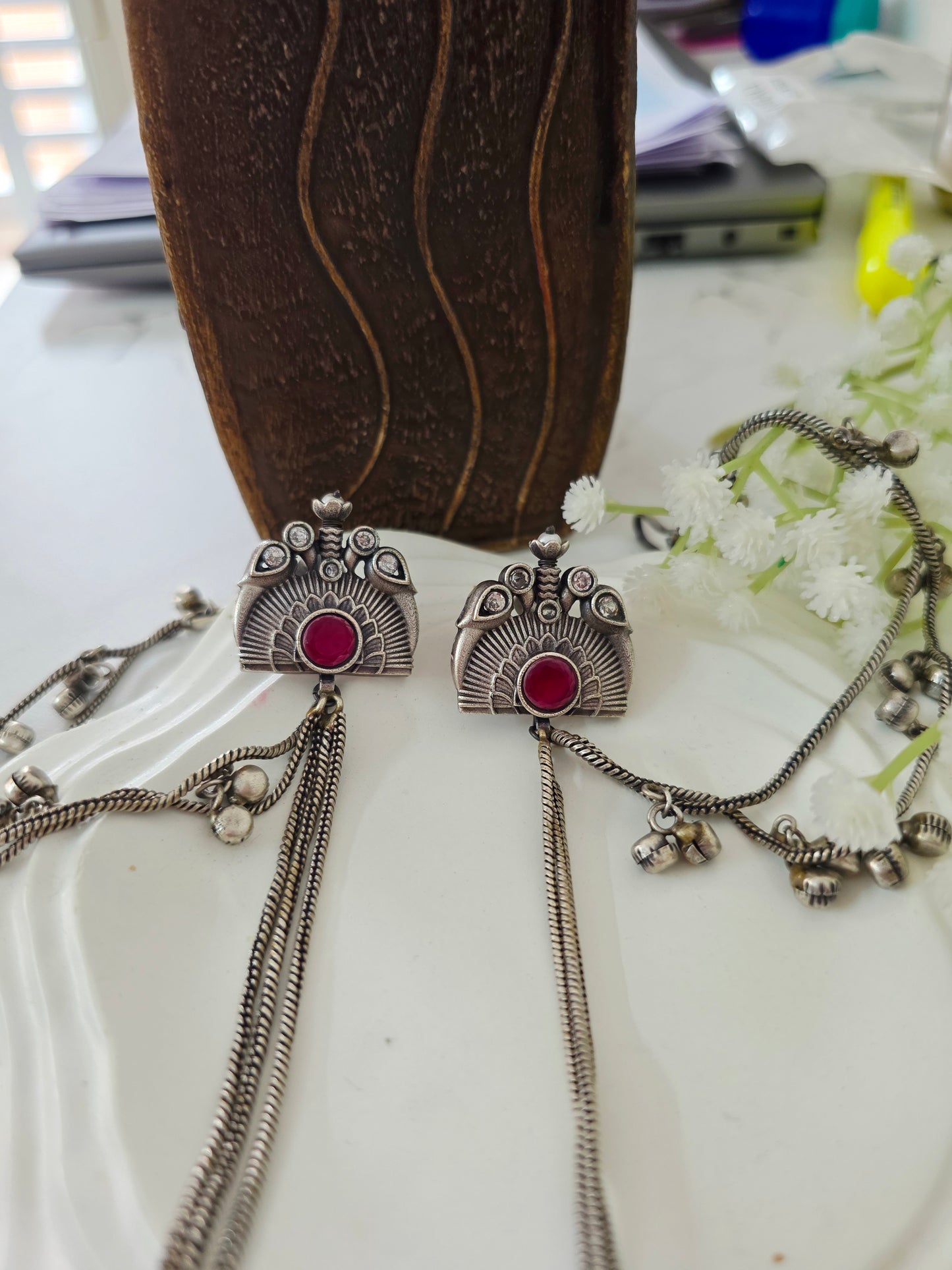 Silver kashmiri earrings with earchain