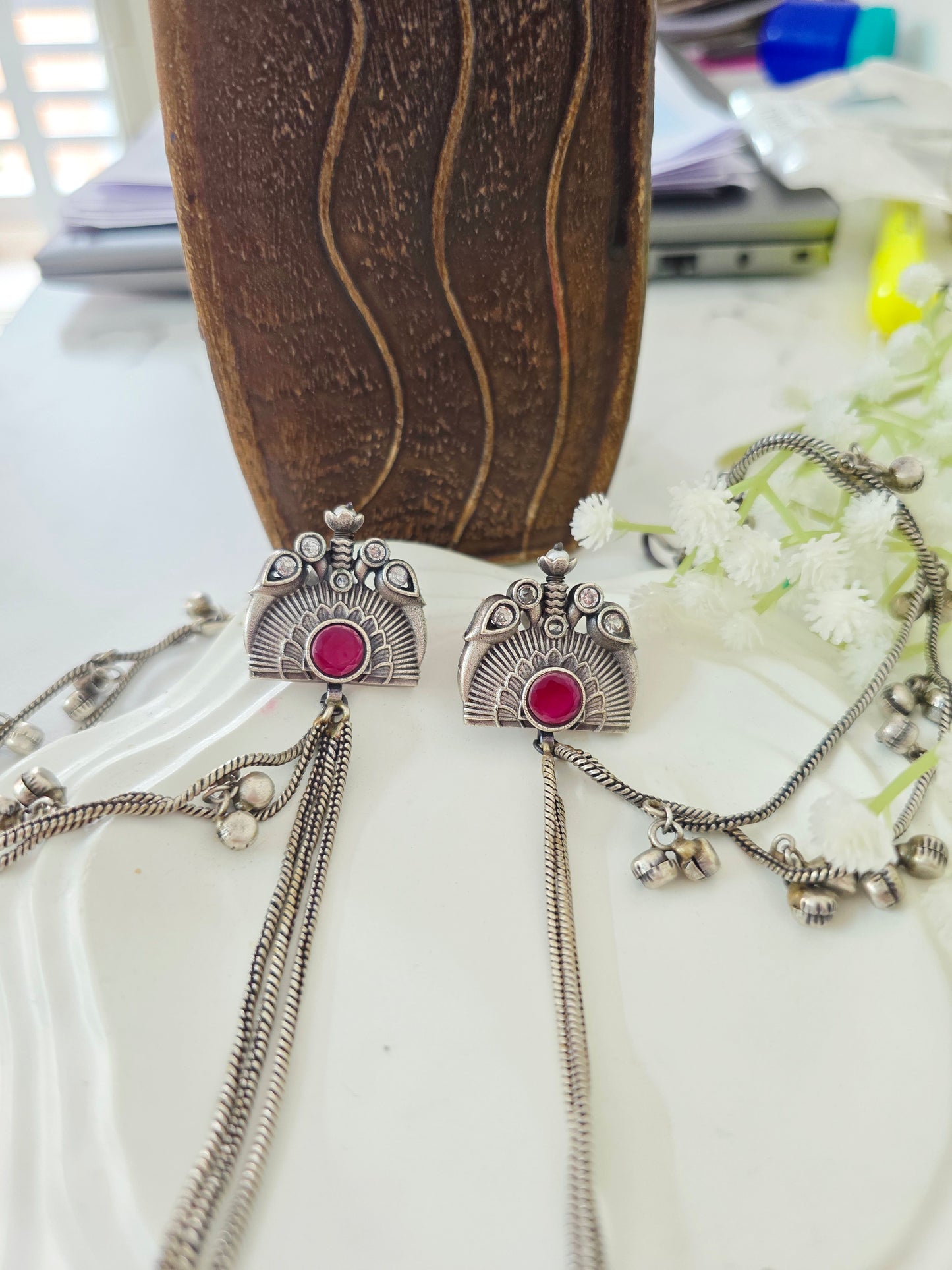 Silver kashmiri earrings with earchain