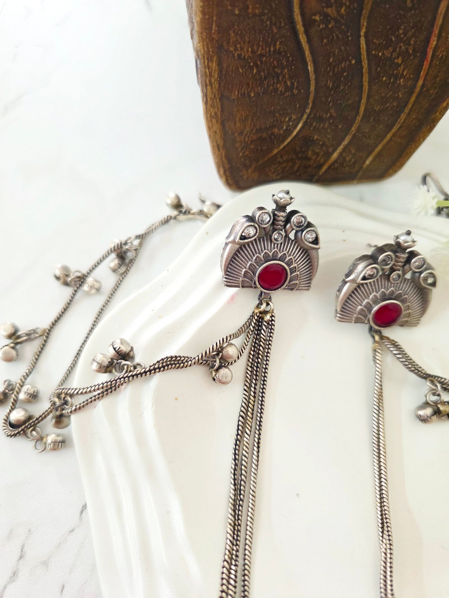 Silver kashmiri earrings with earchain
