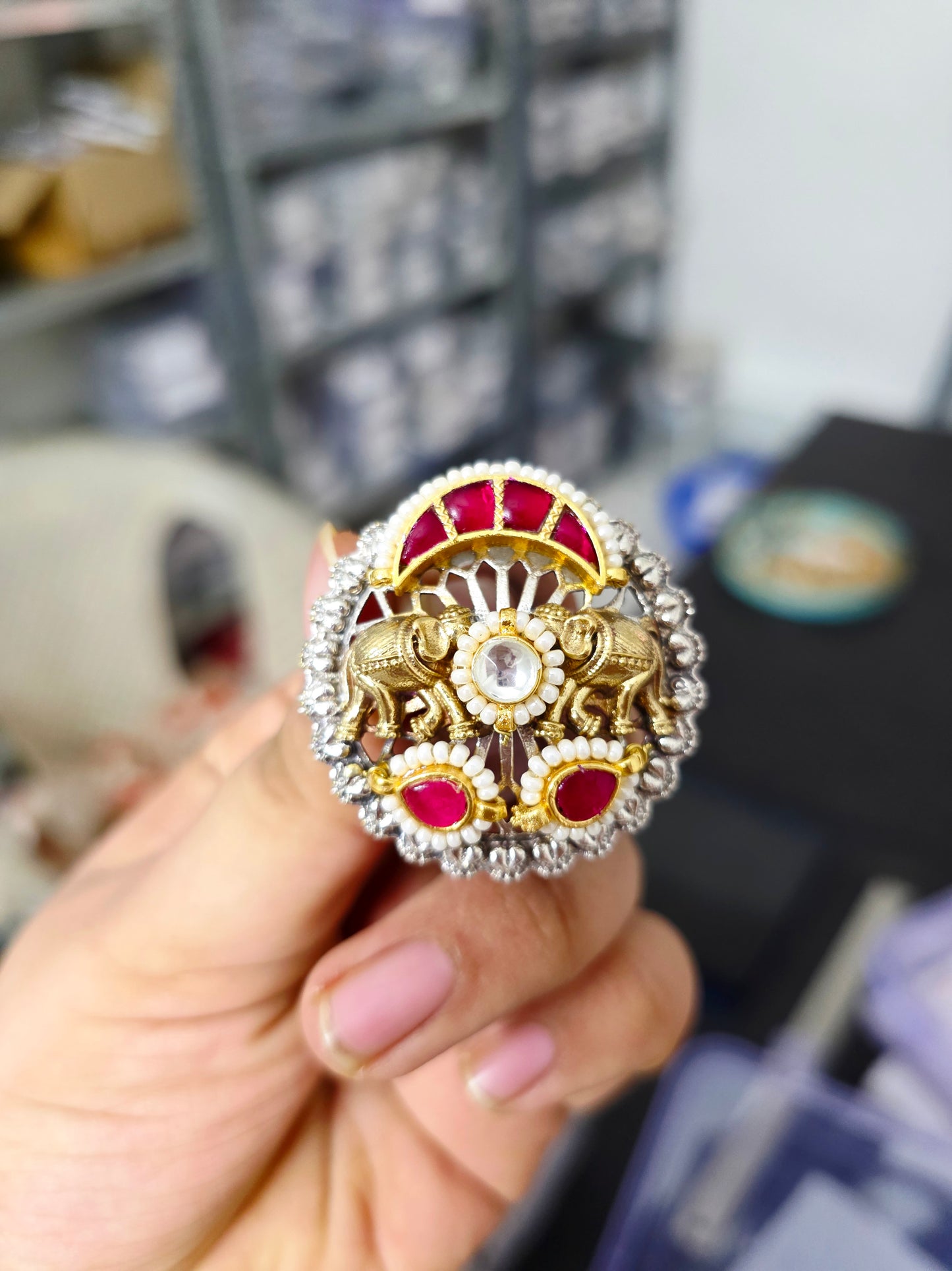 Pachi kundan elephant ring
