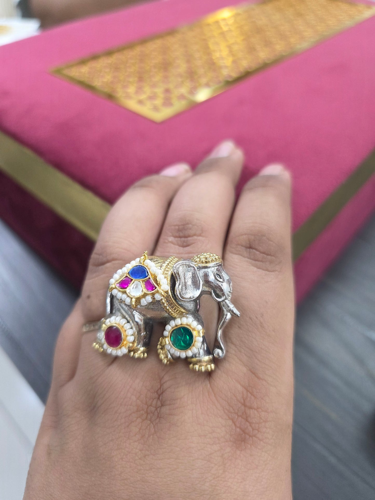 Pachi kundan elephant ring