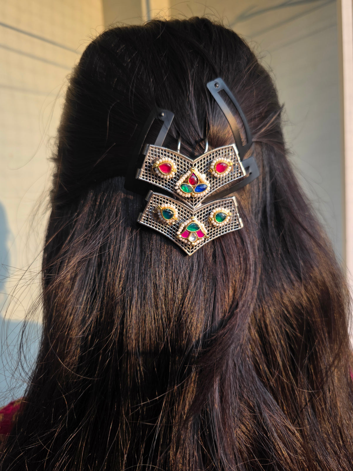 Vaisakhi pachi kundan two tone hair pin