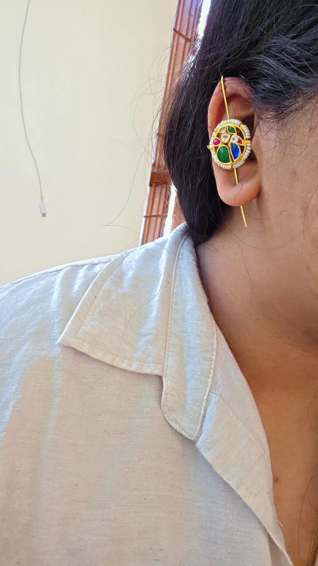 Misha Peacock kundan needle earcuff
