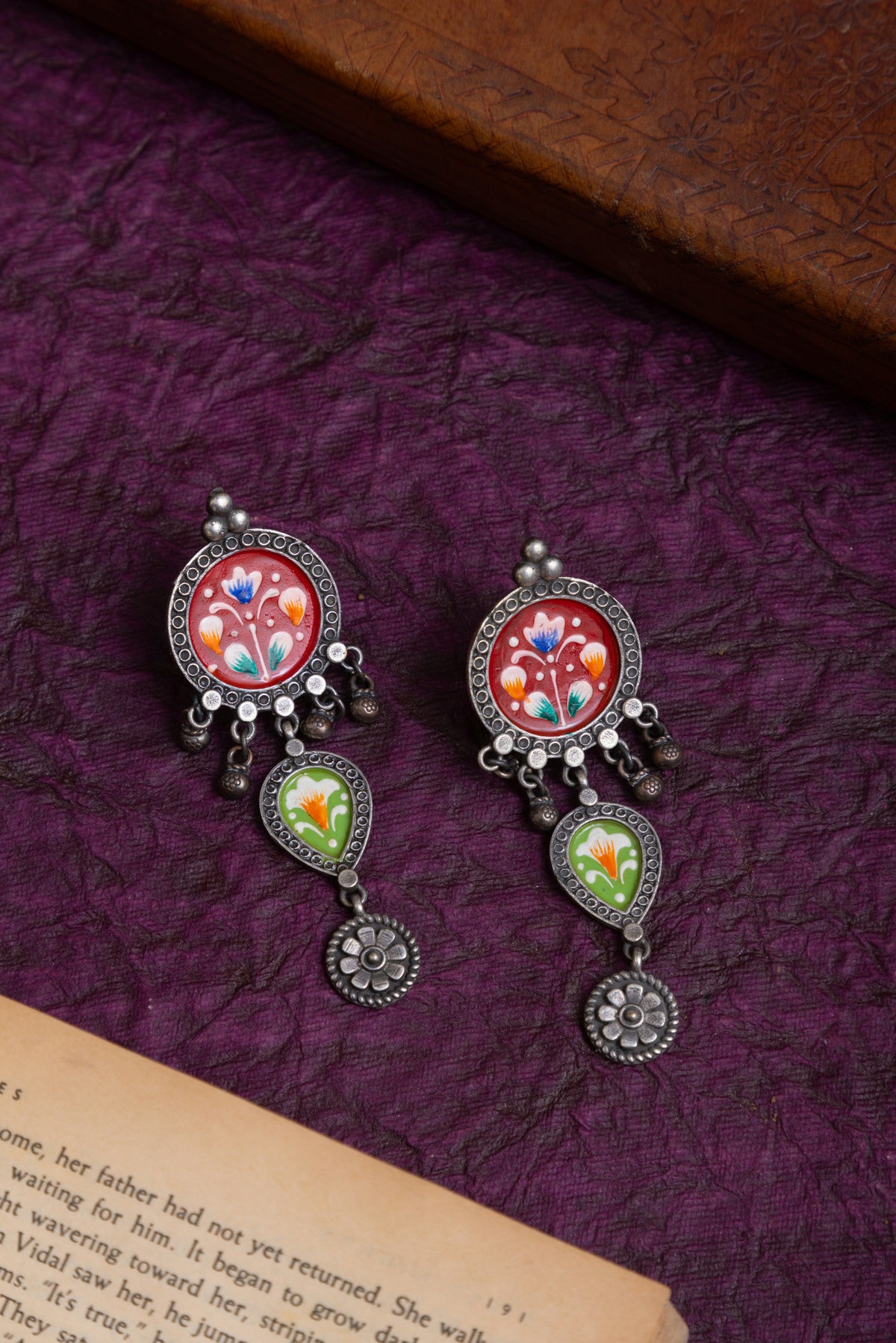 Pichwai art hanging silver earrings
