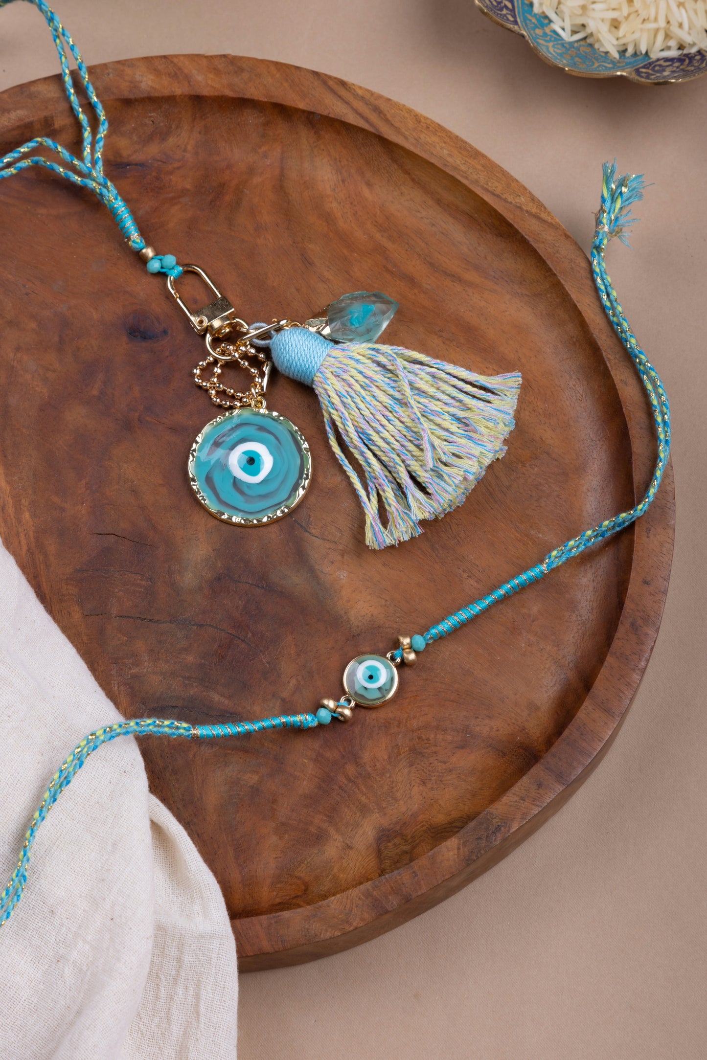 Evil eye bag charm couple rakhi combo