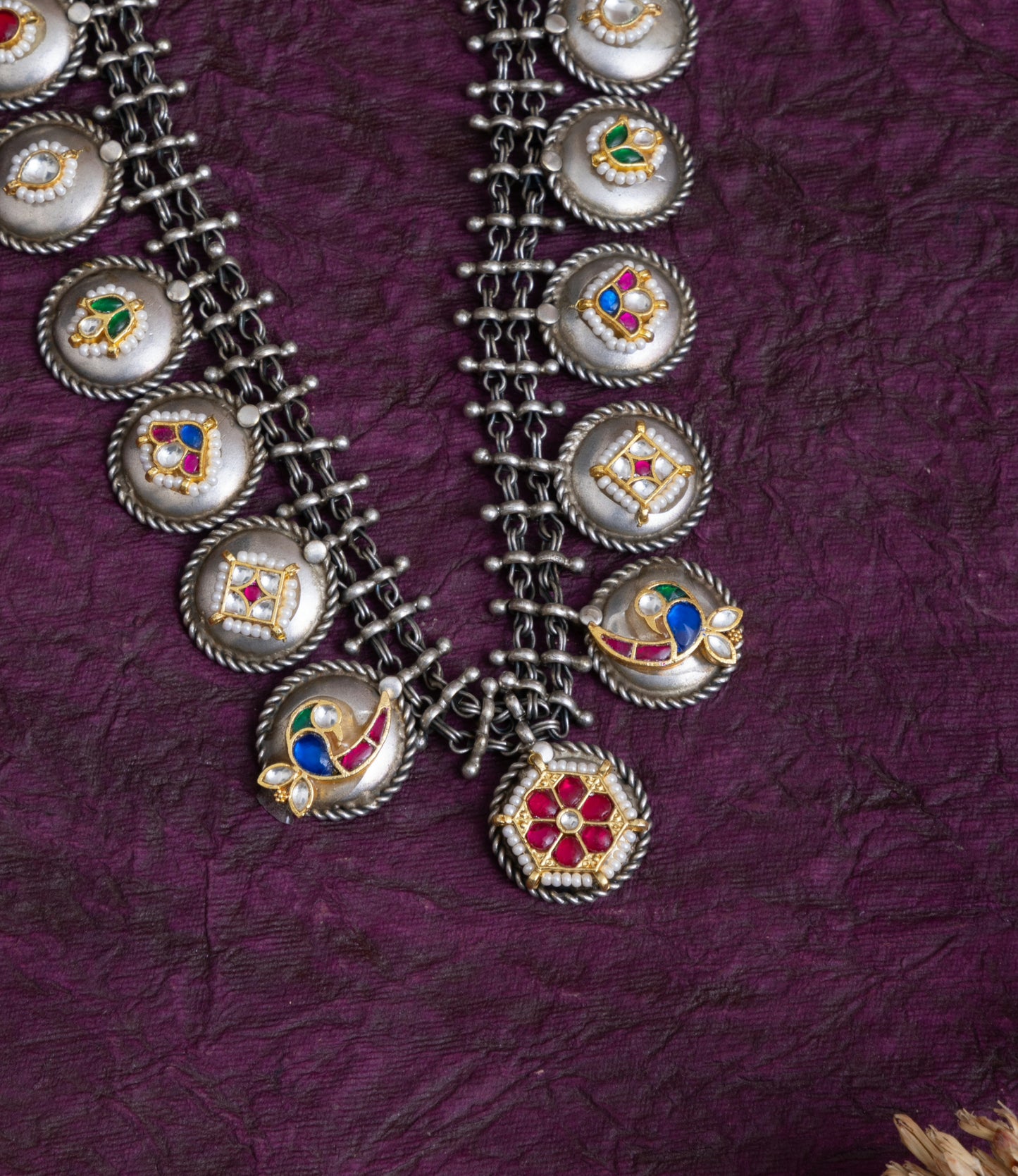 Deshna antique silver lookalike pachi kundan necklace