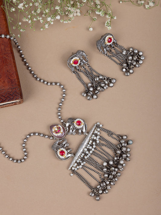 Dhara Elephant pachi kundan silver necklace