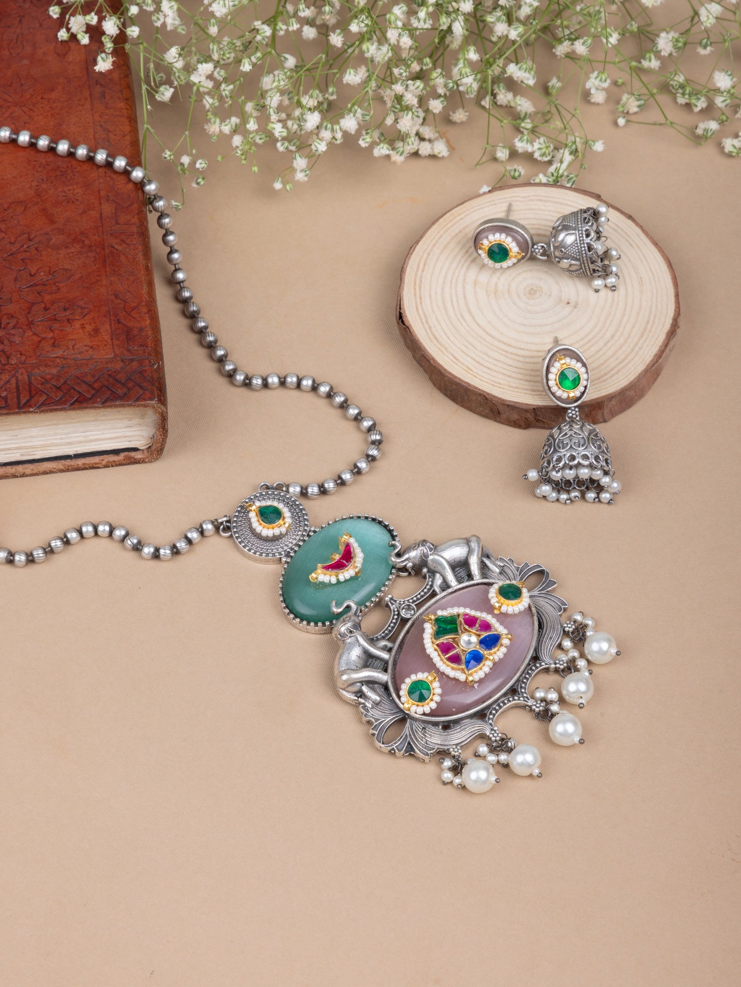 Pachi kundan elephant necklace
