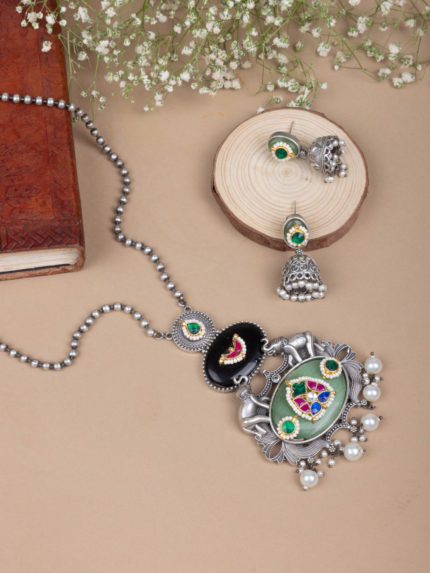 Pachi kundan elephant necklace