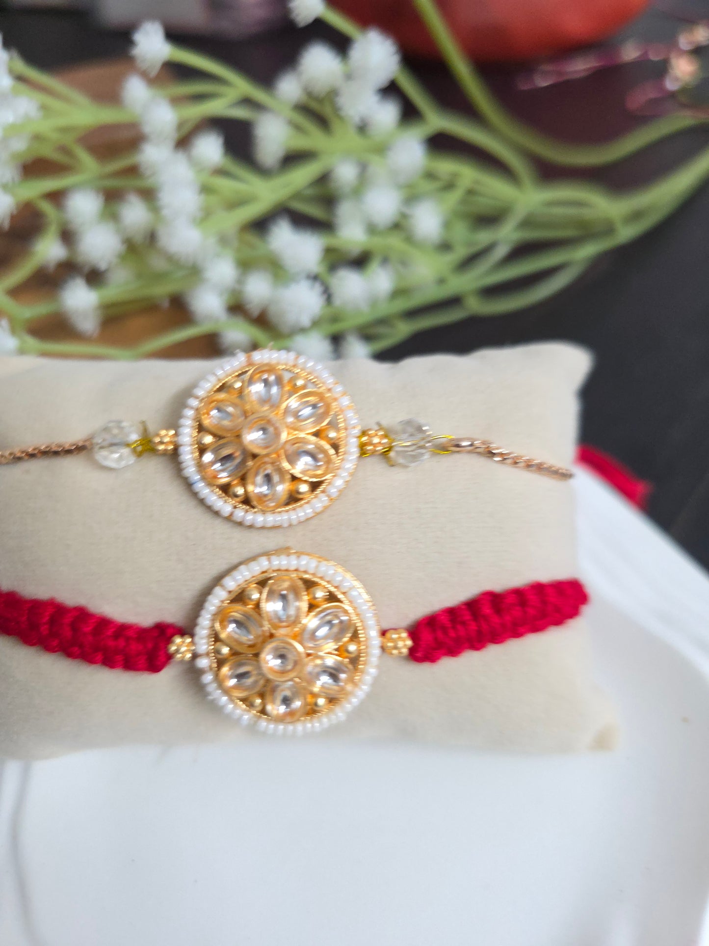Red white kundan bracelet couple rakhi