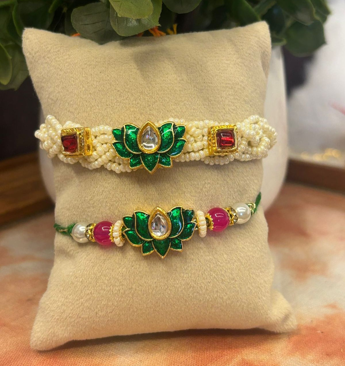 Green lotus kundan couple rakhi