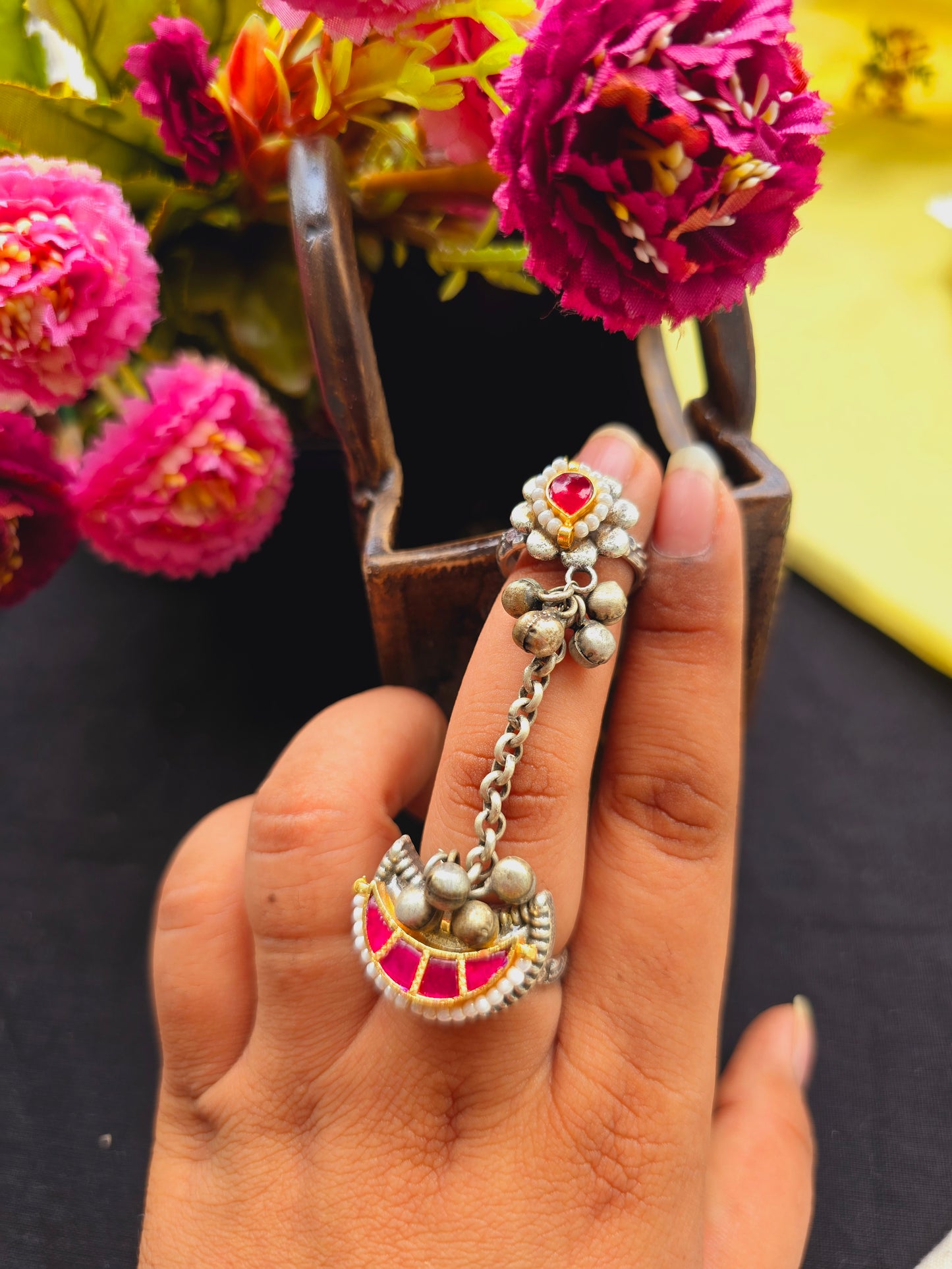 Pakhi Pachi kundan moon ring