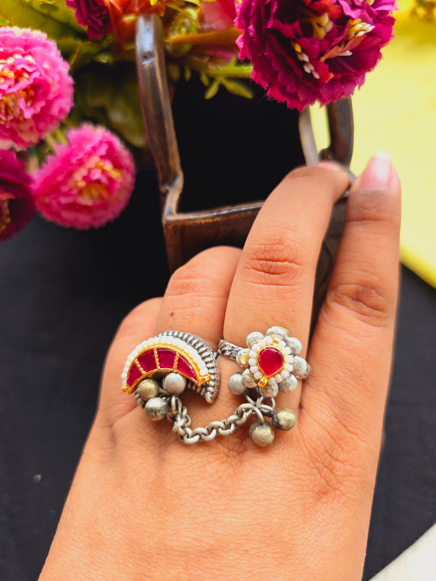 Pakhi Pachi kundan moon ring