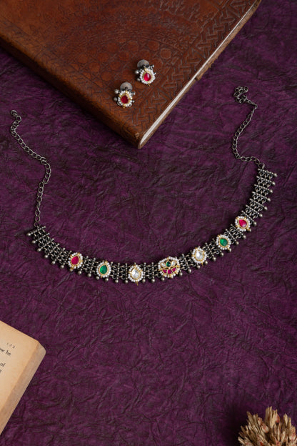Silky antique silver pachi kundan choker with earrings