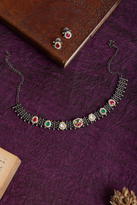 Silky antique silver pachi kundan choker with earrings