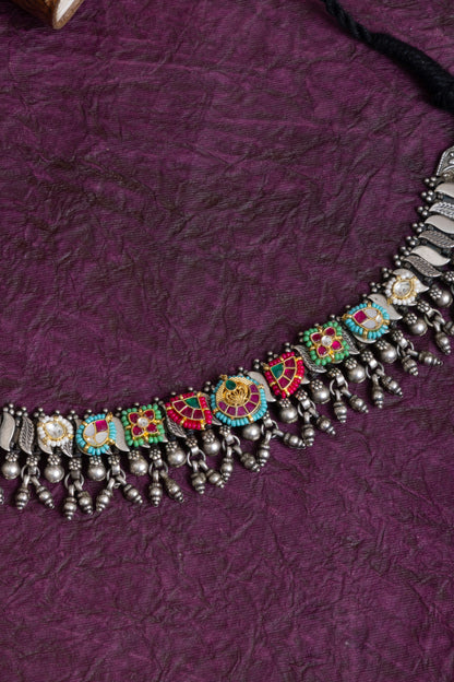 Sampati antique silver hanging fusion pachi kundan choker
