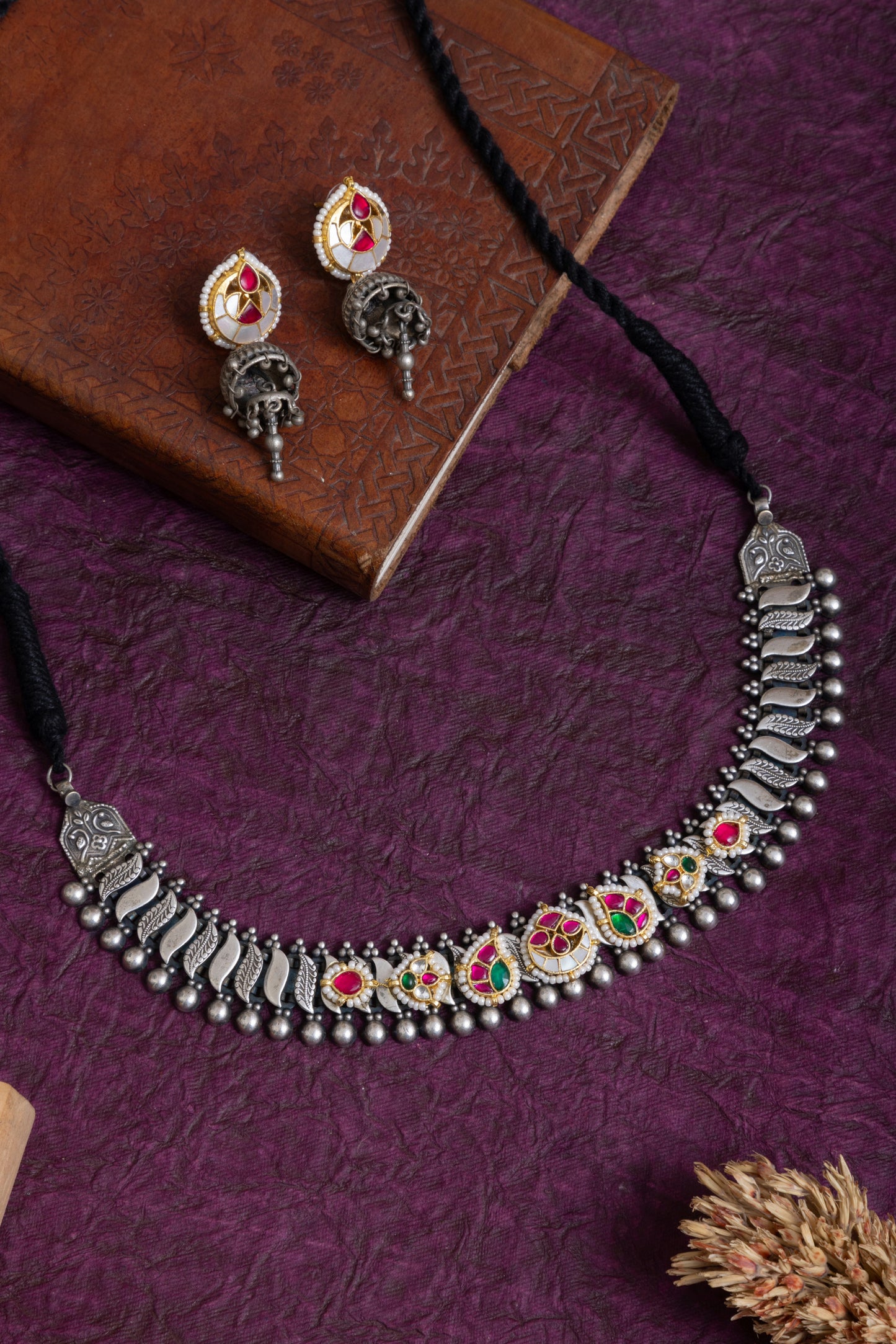 Sripada antique silver pachi kundan choker & jhumki