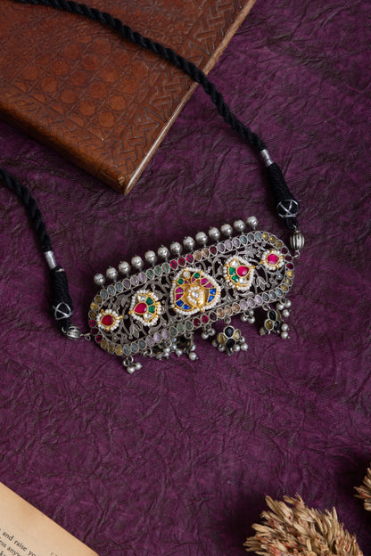 Resham antique silver fusion pachi kundan choker