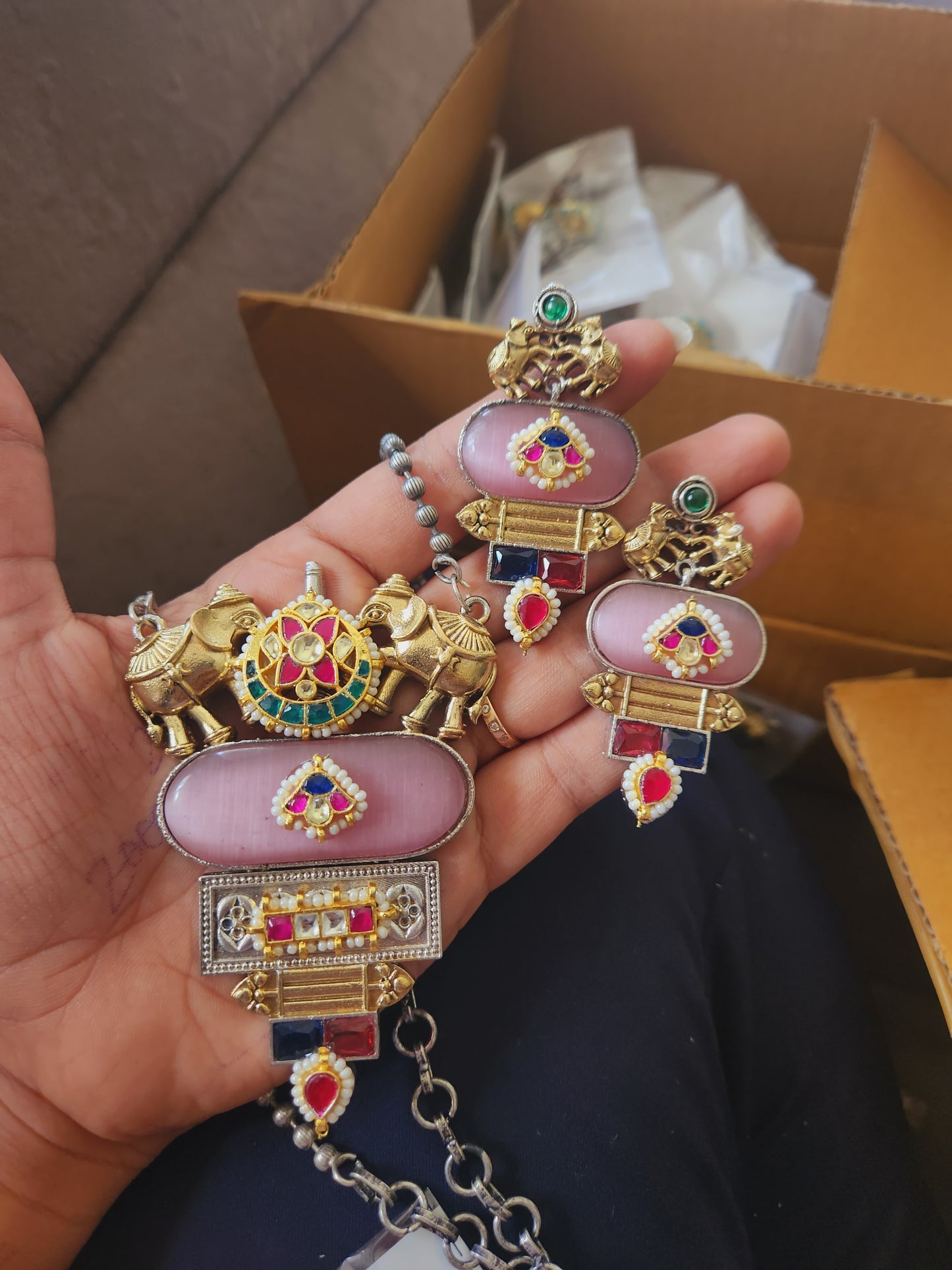 Pachi kundan elephant necklace