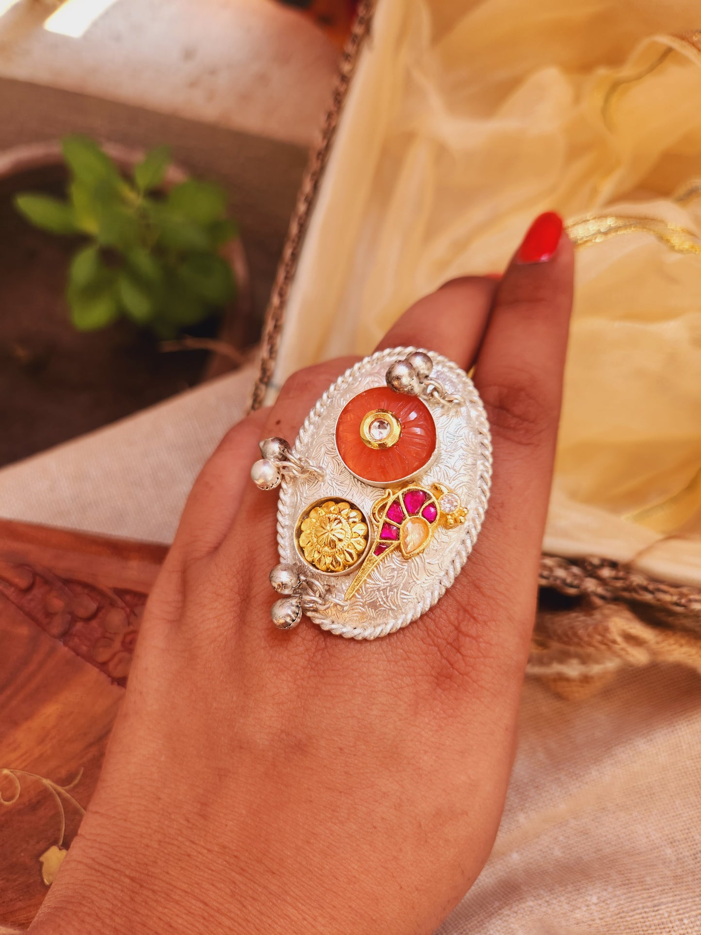 Kundan peacock ring