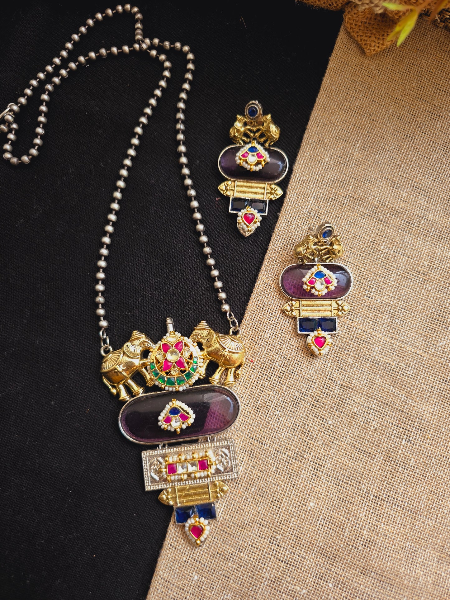 Pachi kundan elephant necklace