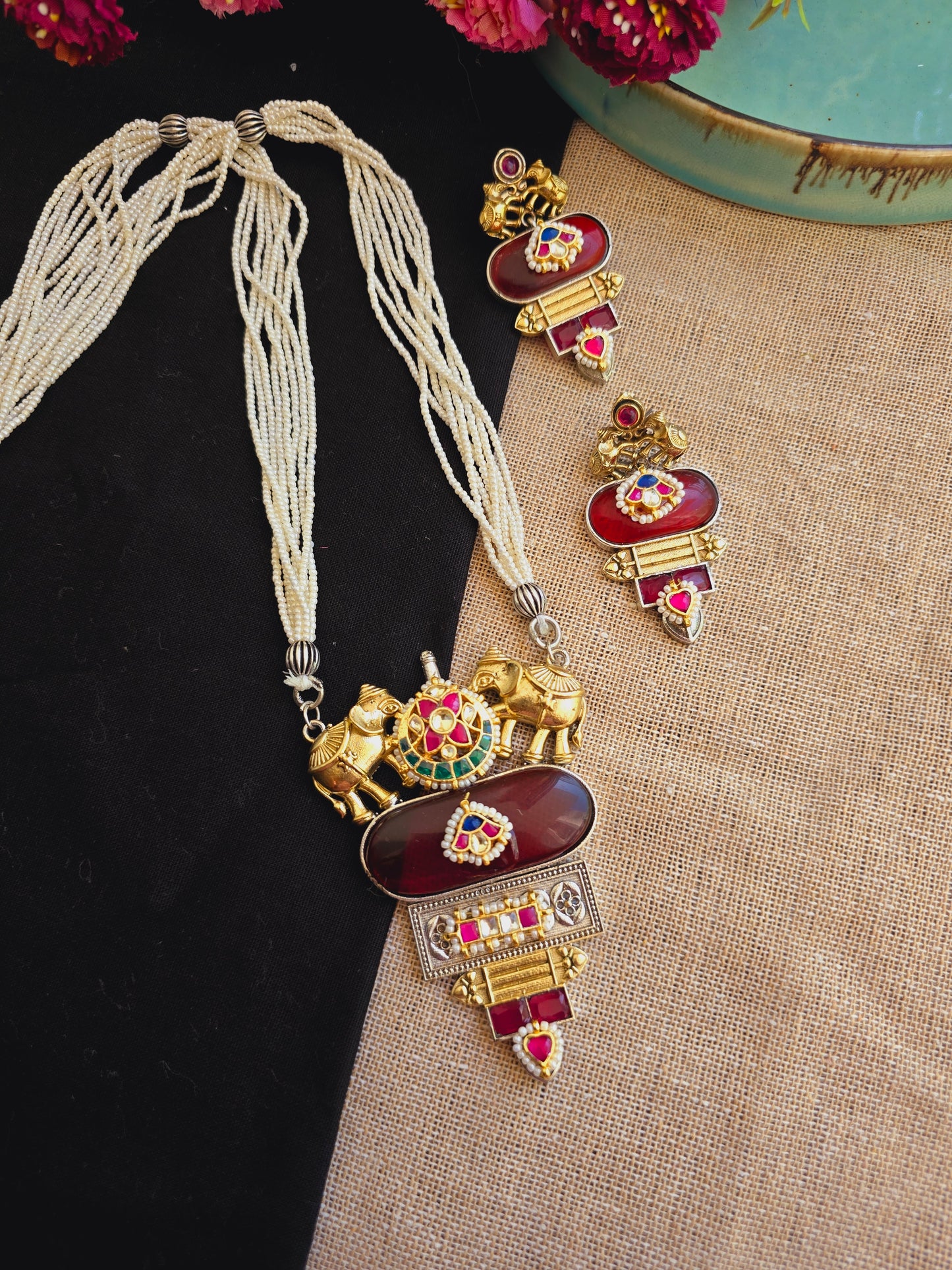 elephant pachi kundan necklace pearl mala