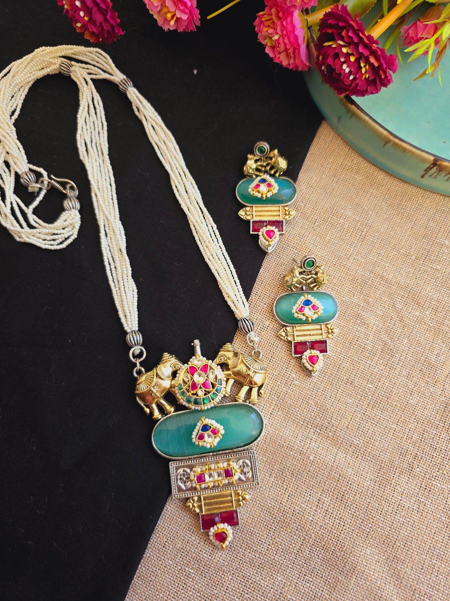 elephant pachi kundan necklace pearl mala