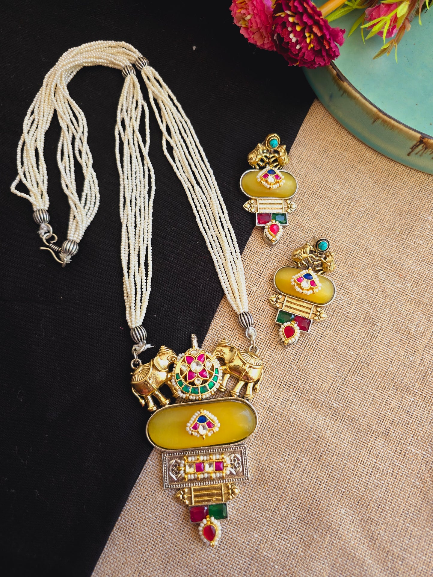 elephant pachi kundan necklace pearl mala