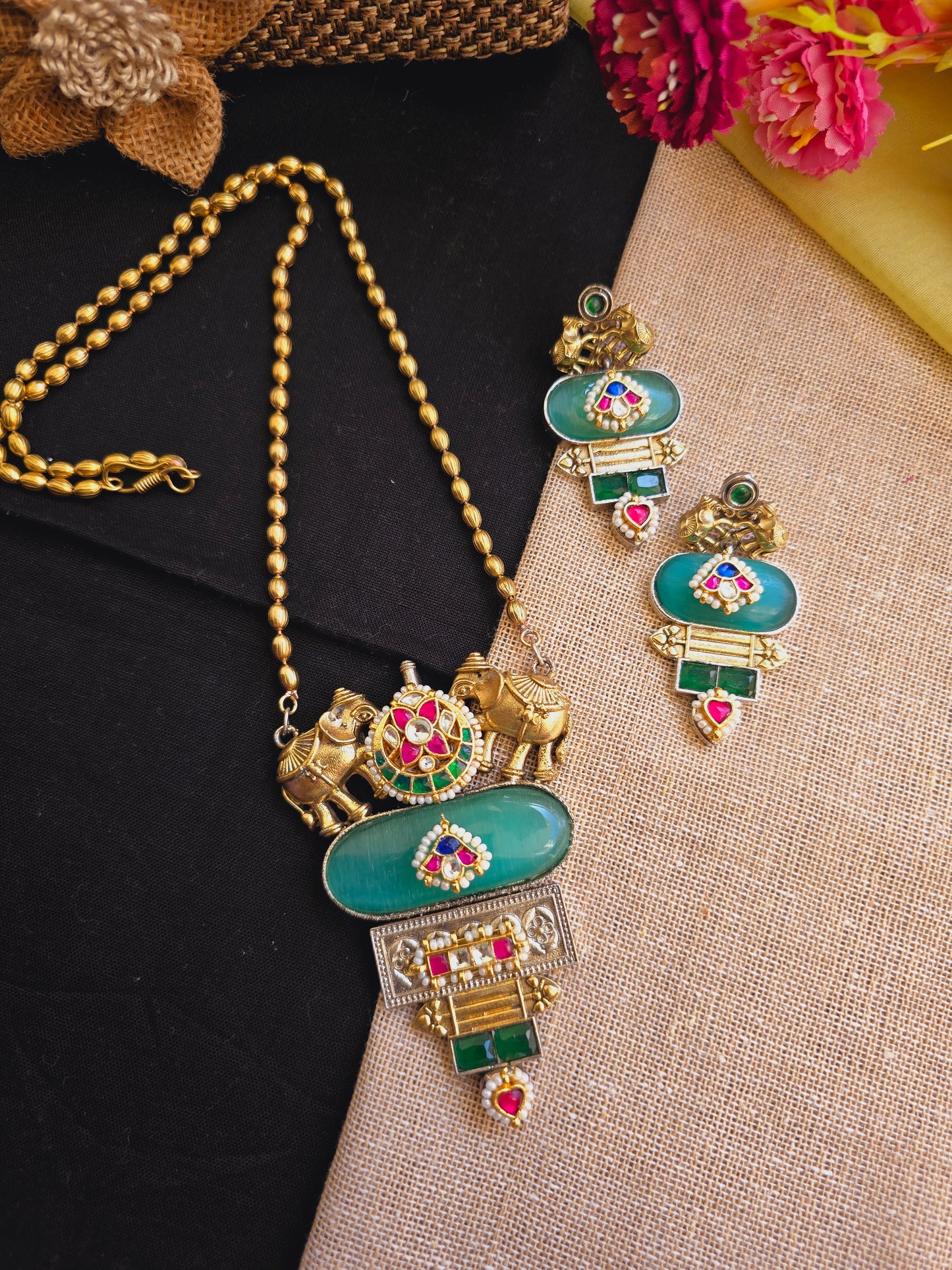 Elephant pachi kundan necklace gold chain