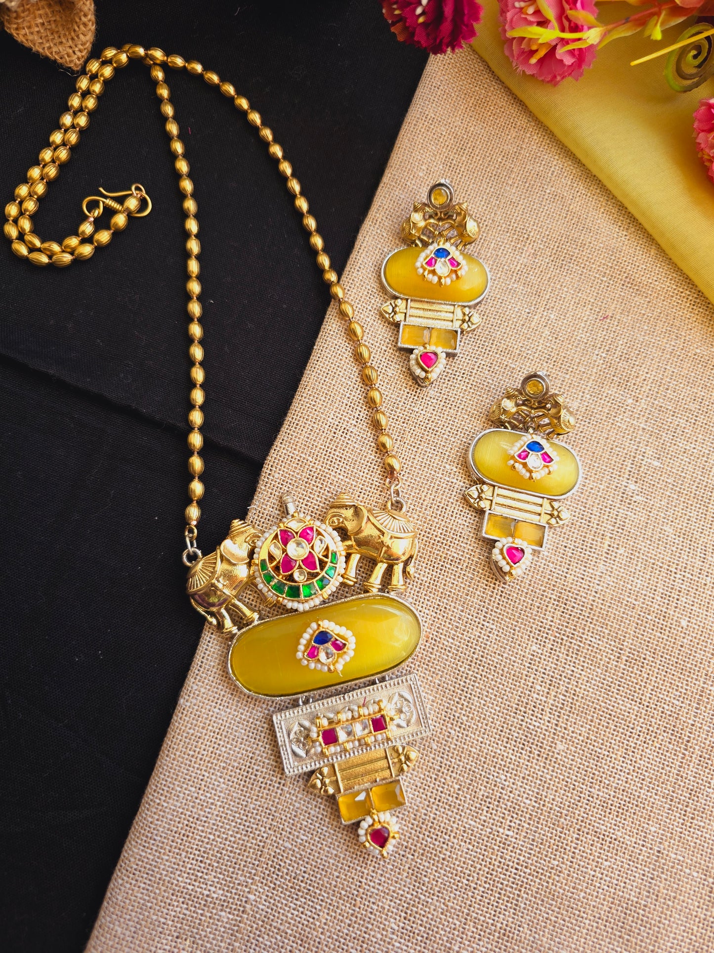 Elephant pachi kundan necklace gold chain