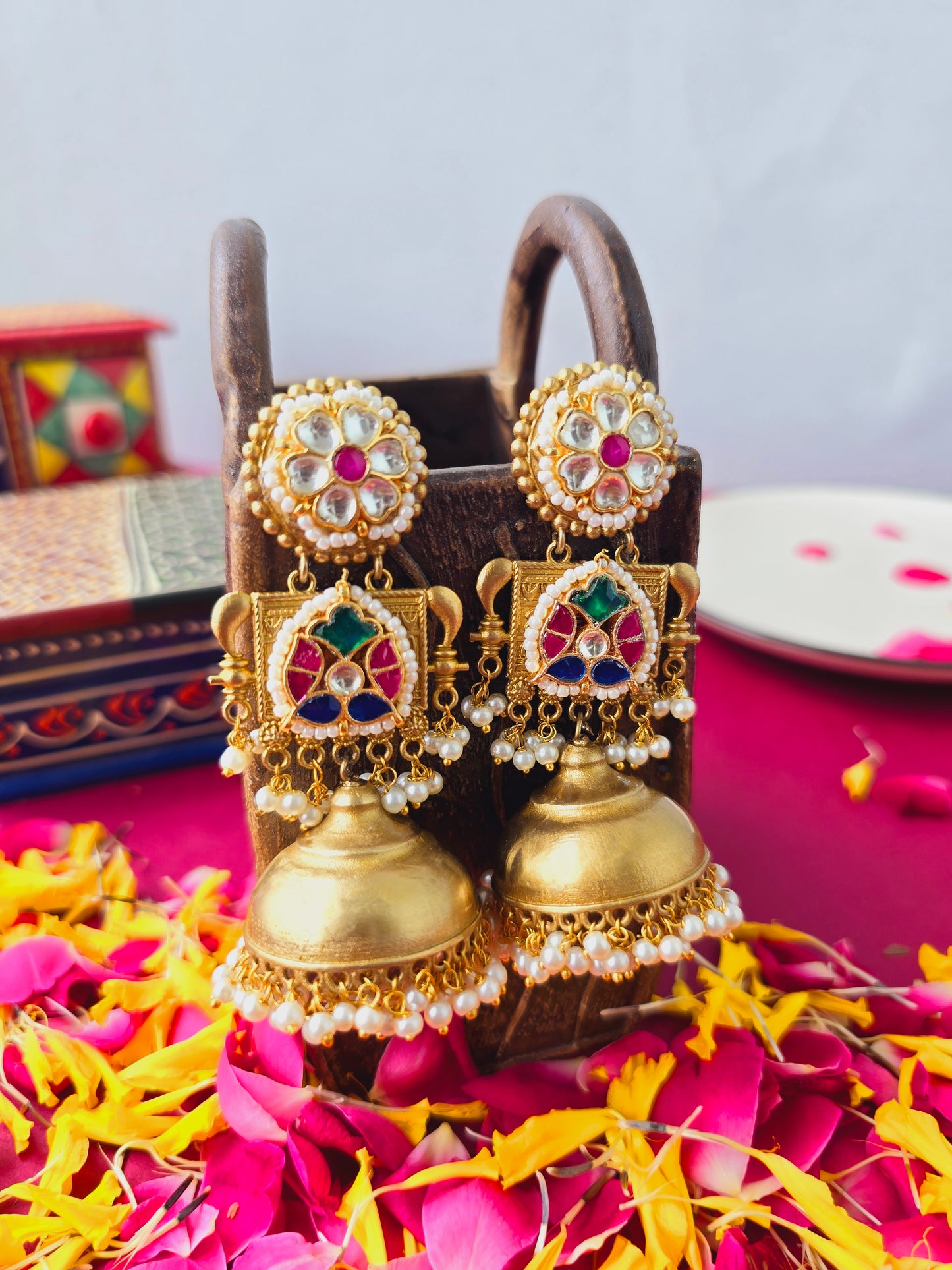 Pachi kundan gold jhumkas