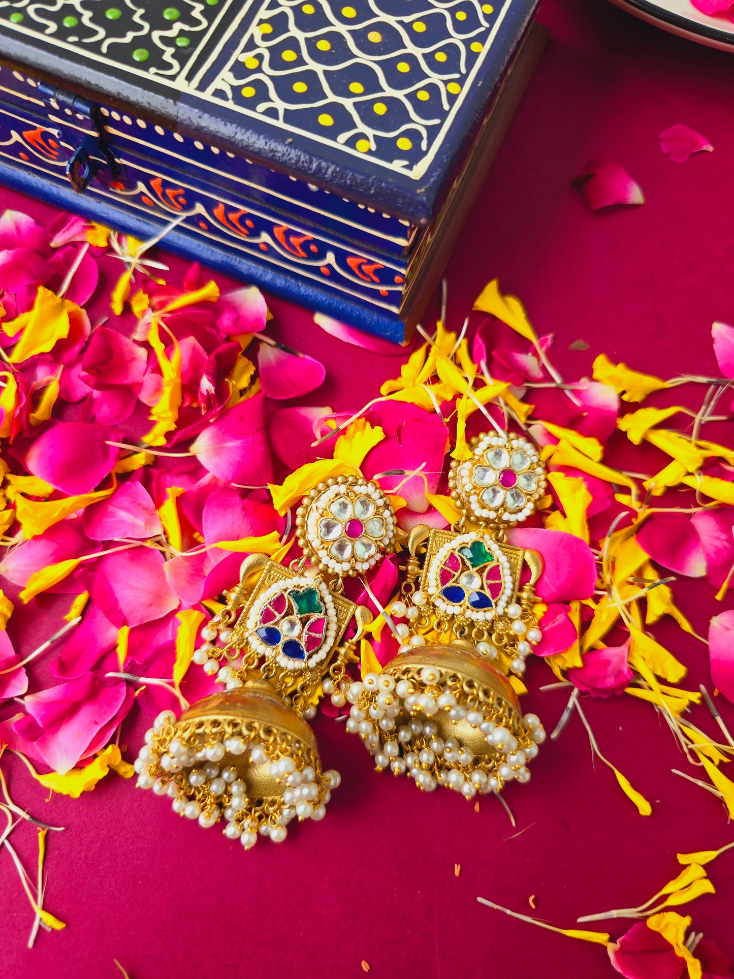 Pachi kundan gold jhumkas