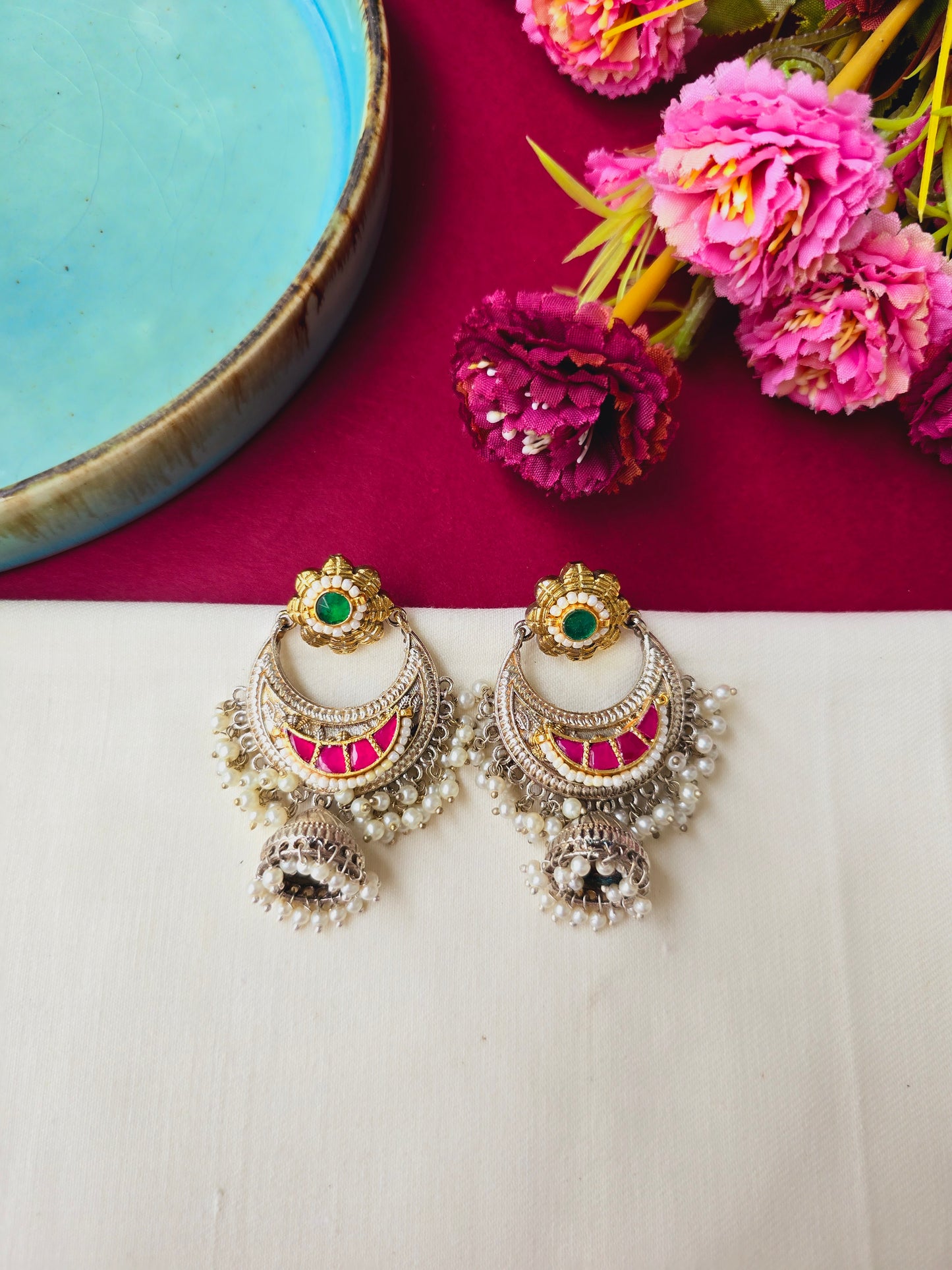 Pachi kundan jhumka chandbali