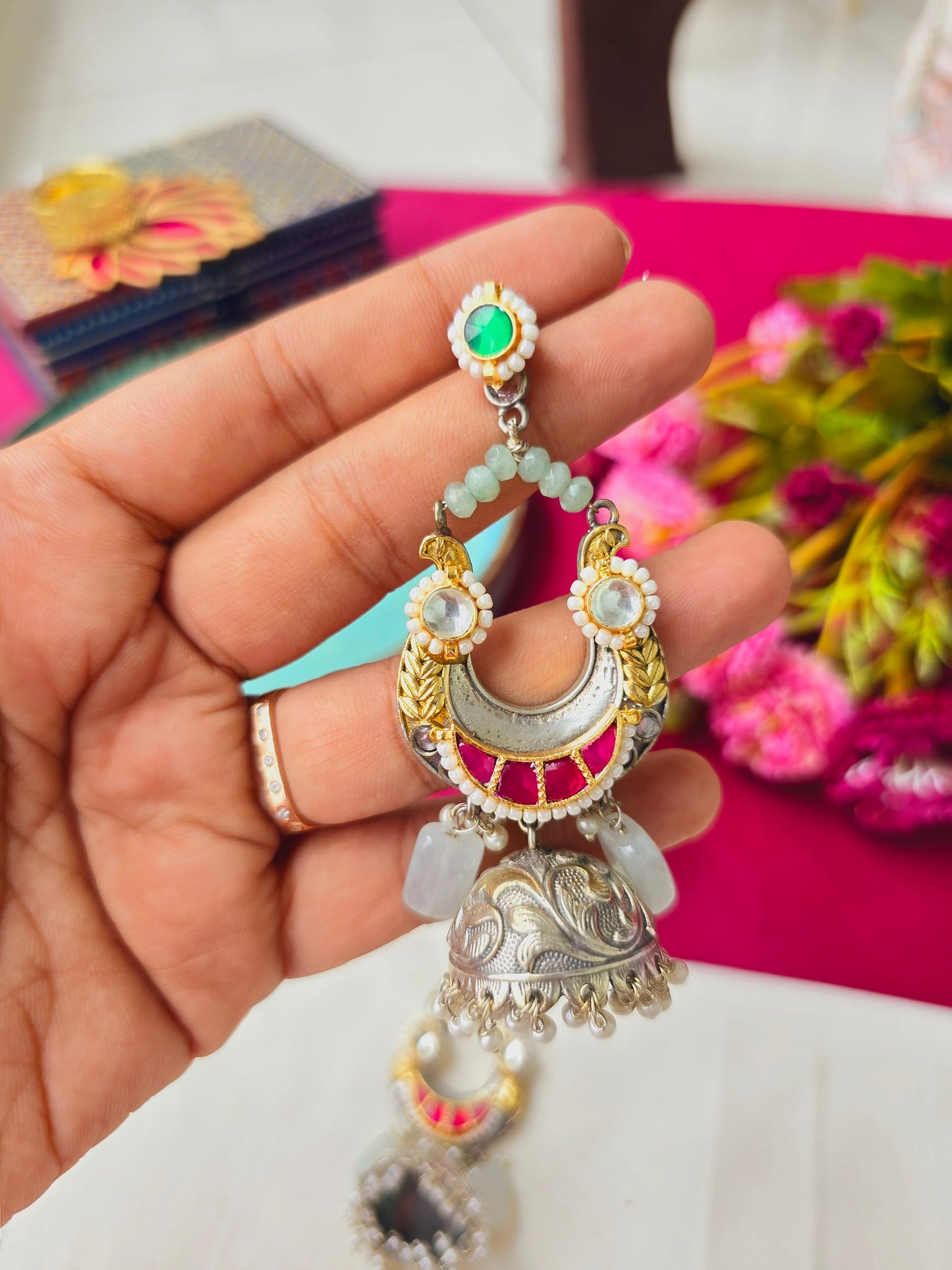 Pachi kundan chandbali jhumka