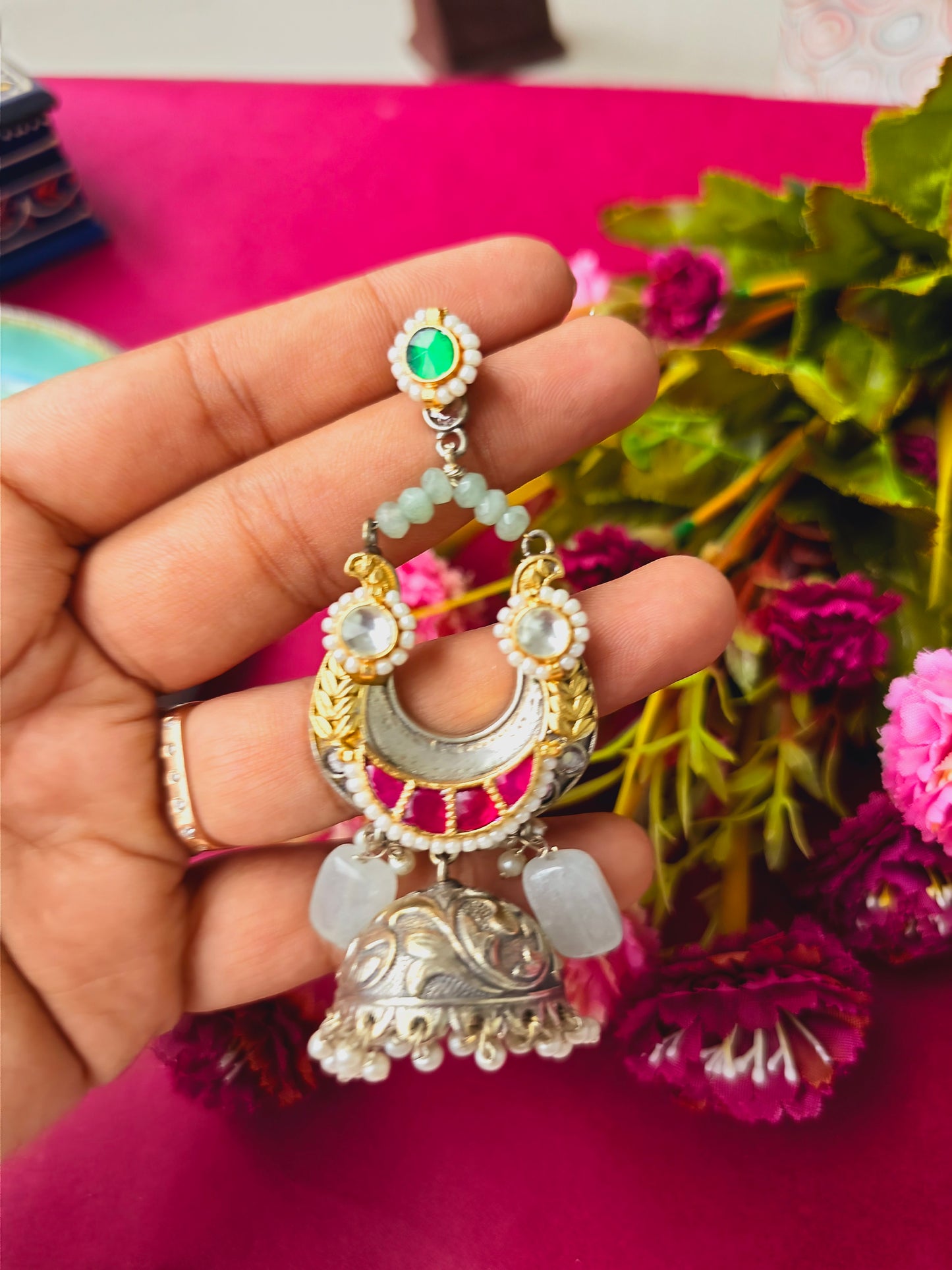 Pachi kundan chandbali jhumka