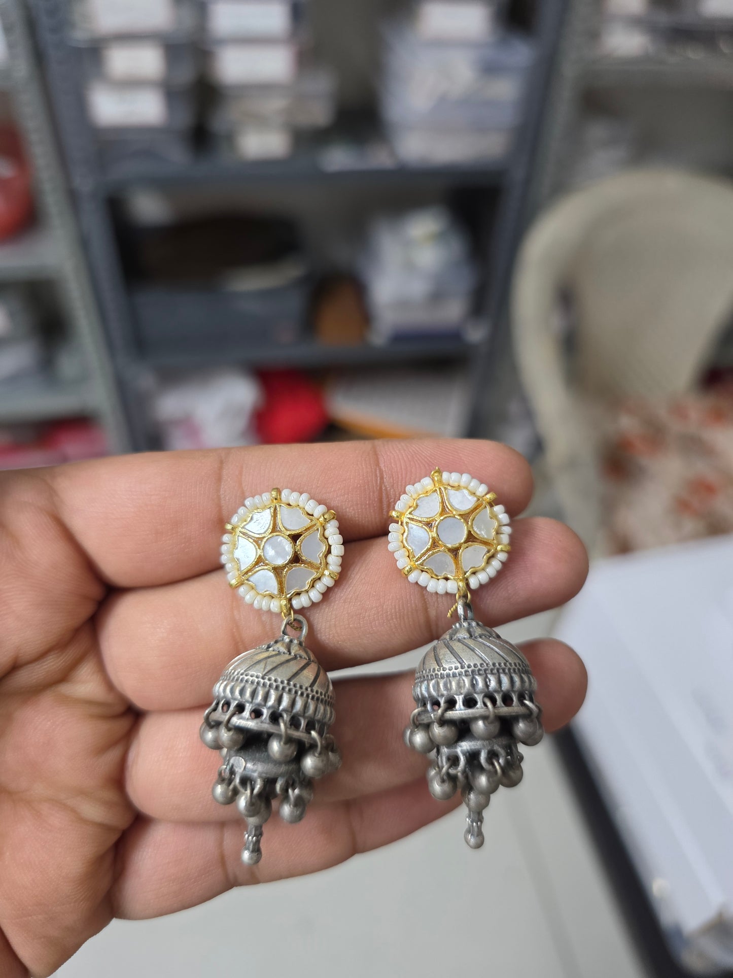 Mother of pearl kundan jhumka