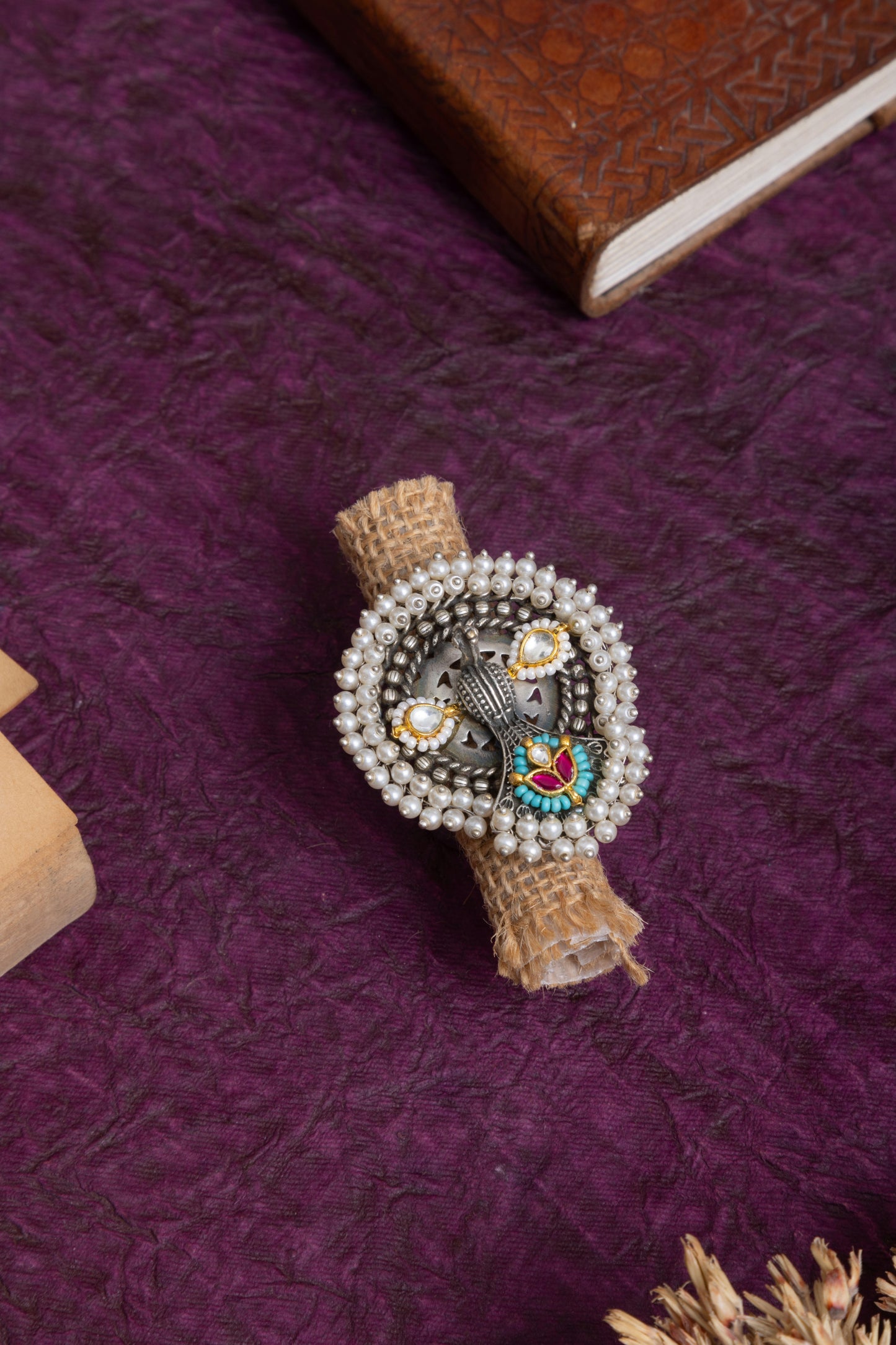 Lipika silver fusion pachi kundan Peacock ring