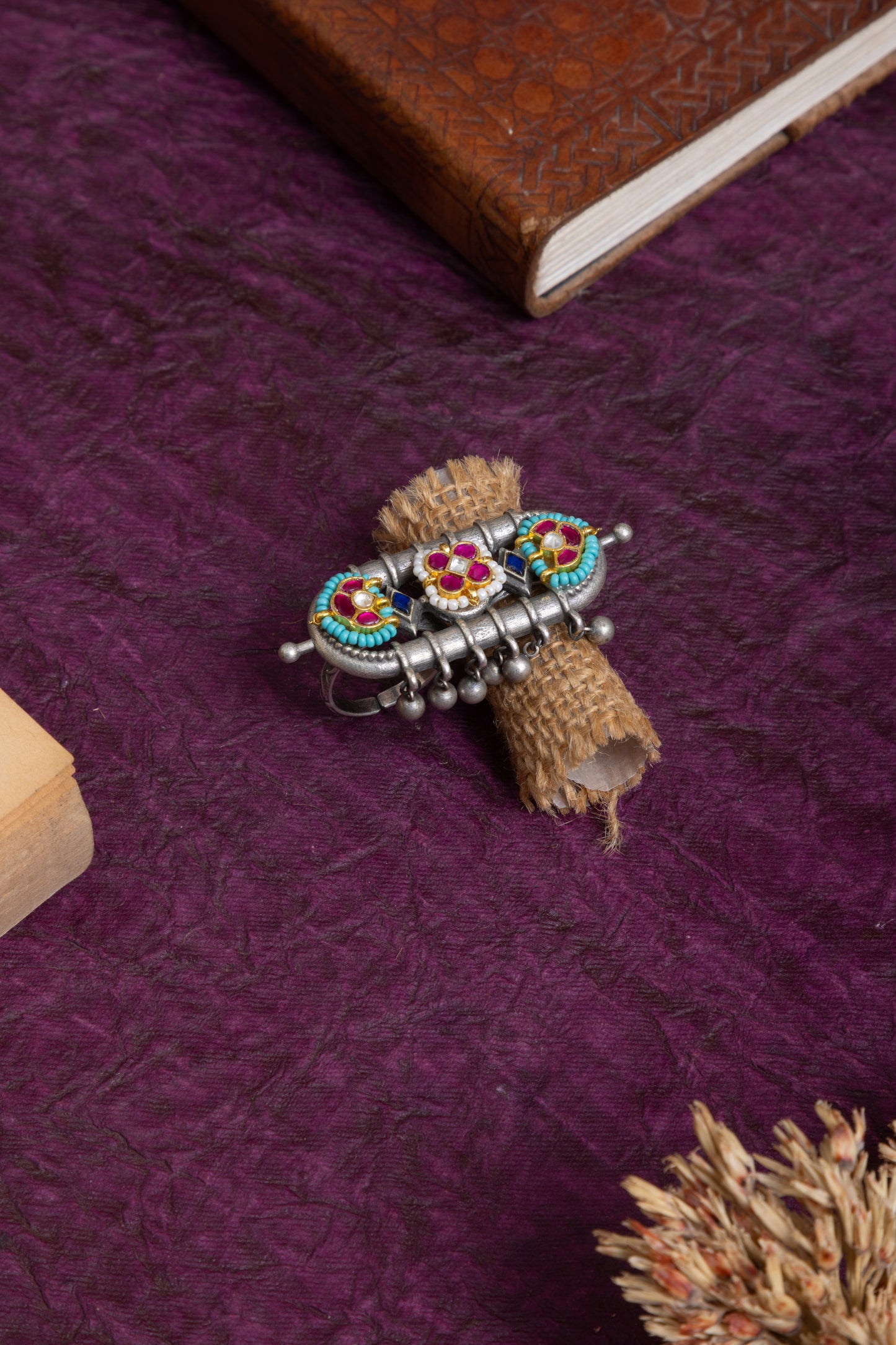 Indu silver fusion pachi kundan ring