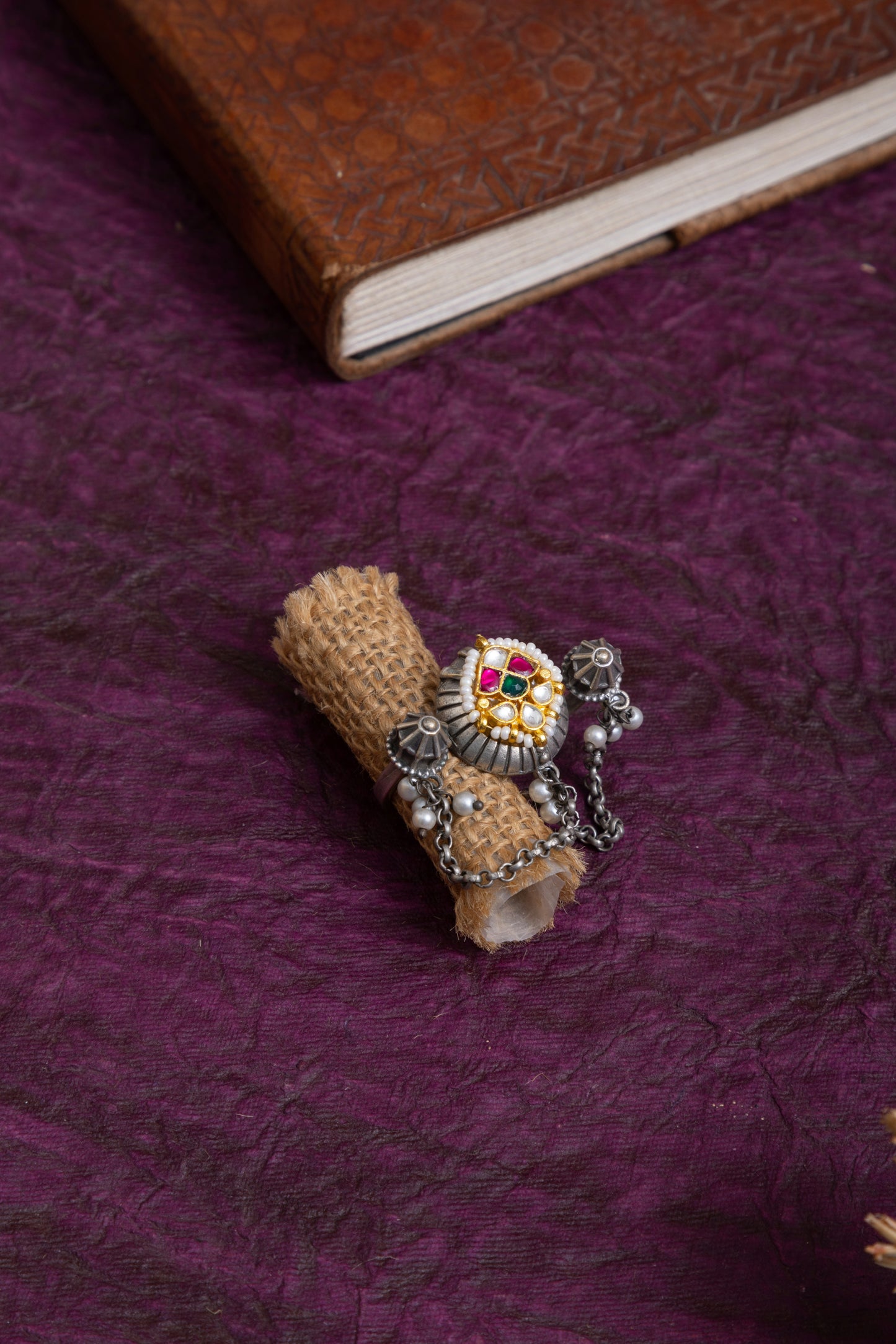Kunjal pachi kundan silver chain ring