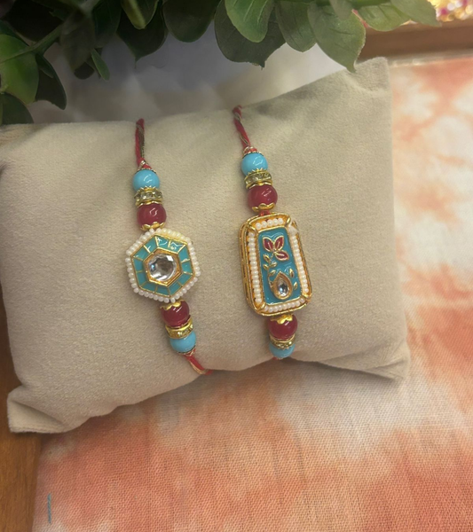 Teal blue and red  couple rakhi combo